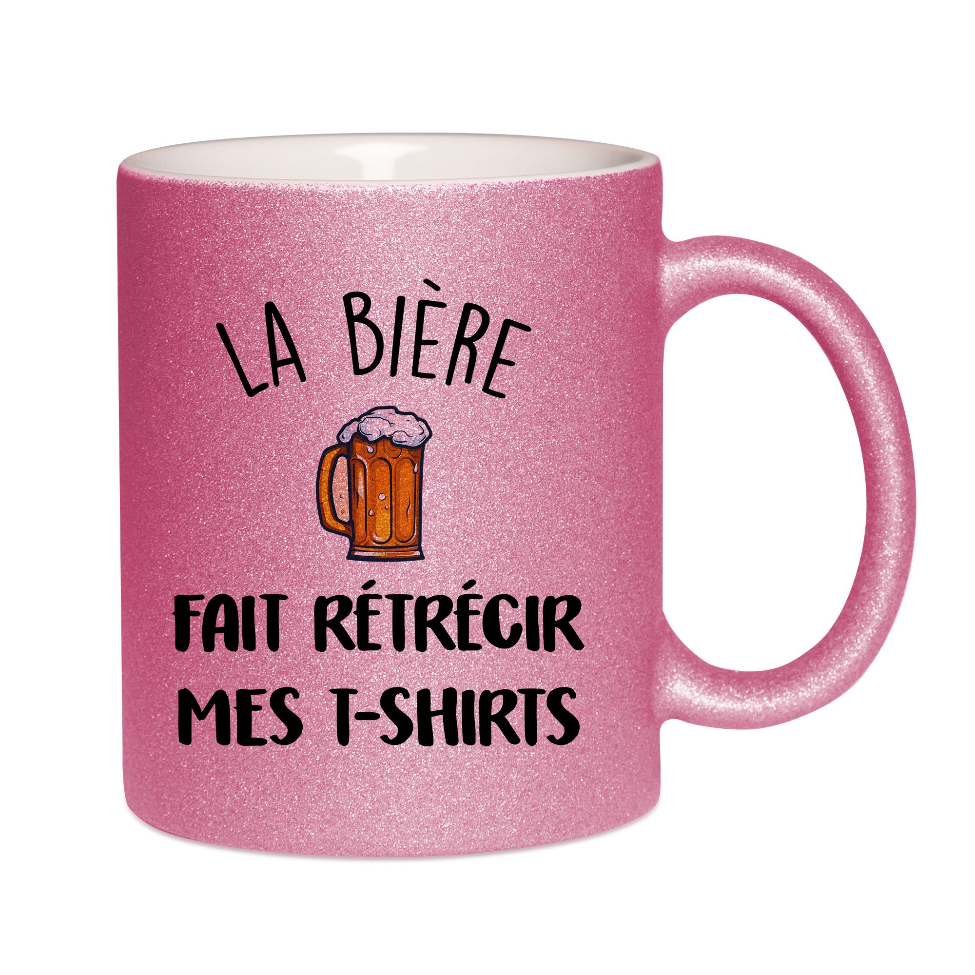 Mug paillettes rose personnalisé La biere fait retrecir mes t-shirts