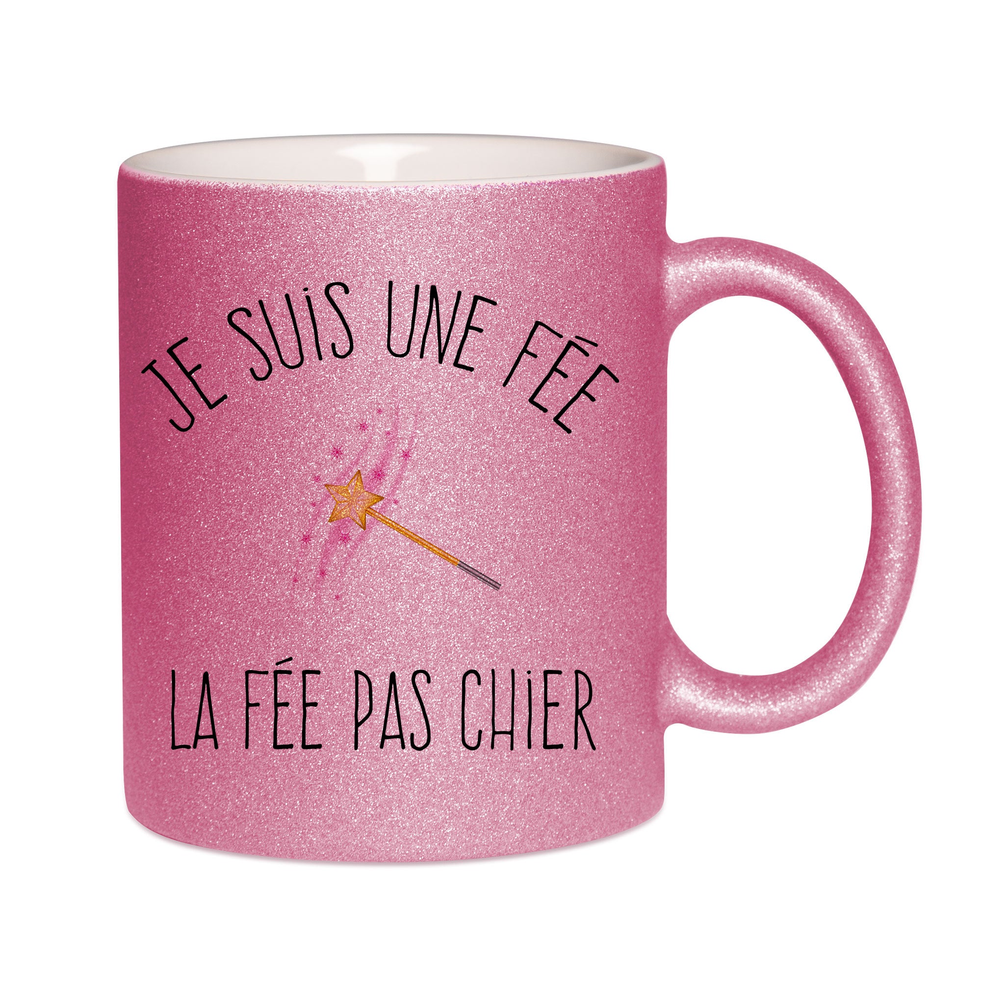 Mug paillettes rose personnalisé La fée pas chier