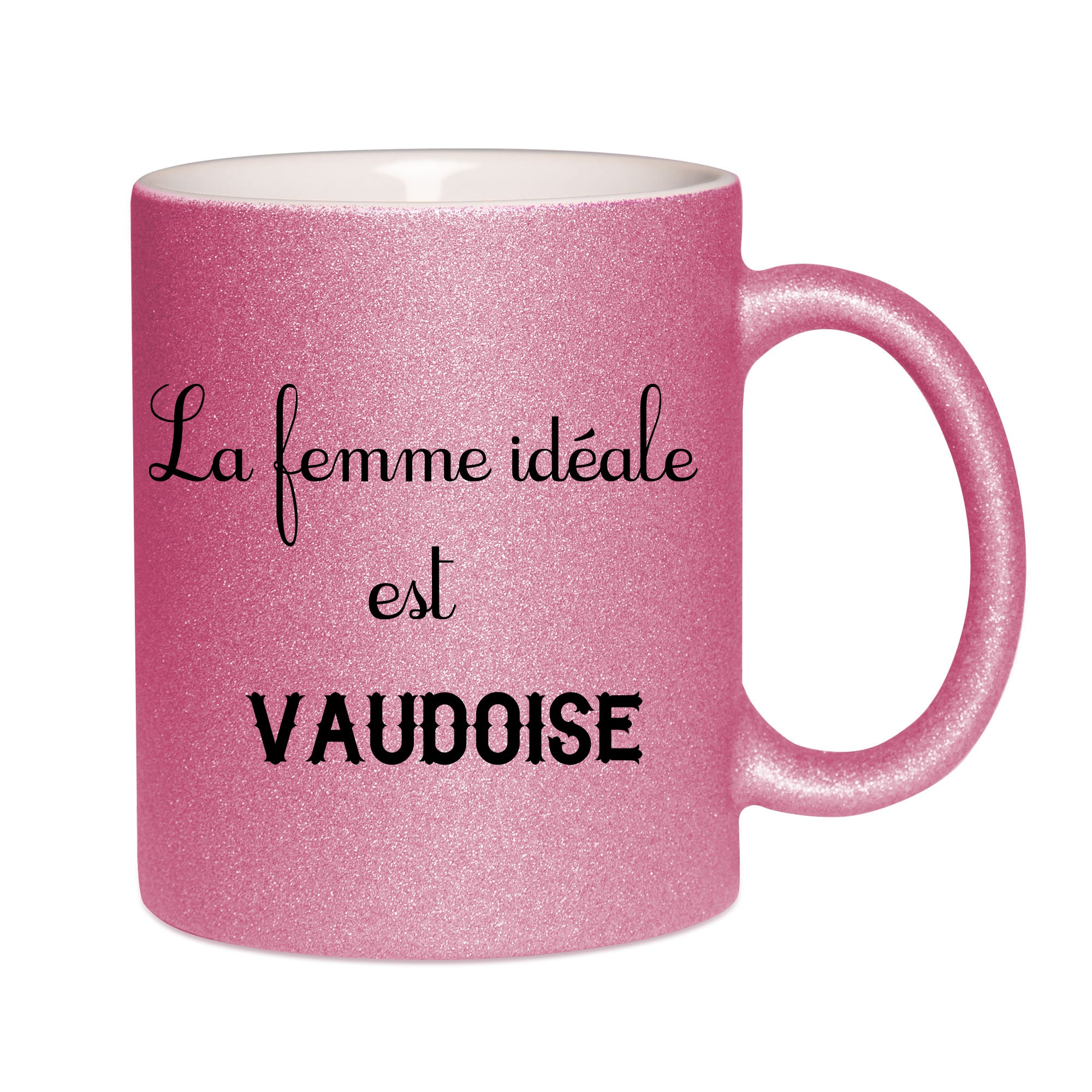 Mug paillettes rose personnalisé La femme ideale est Vaudois
