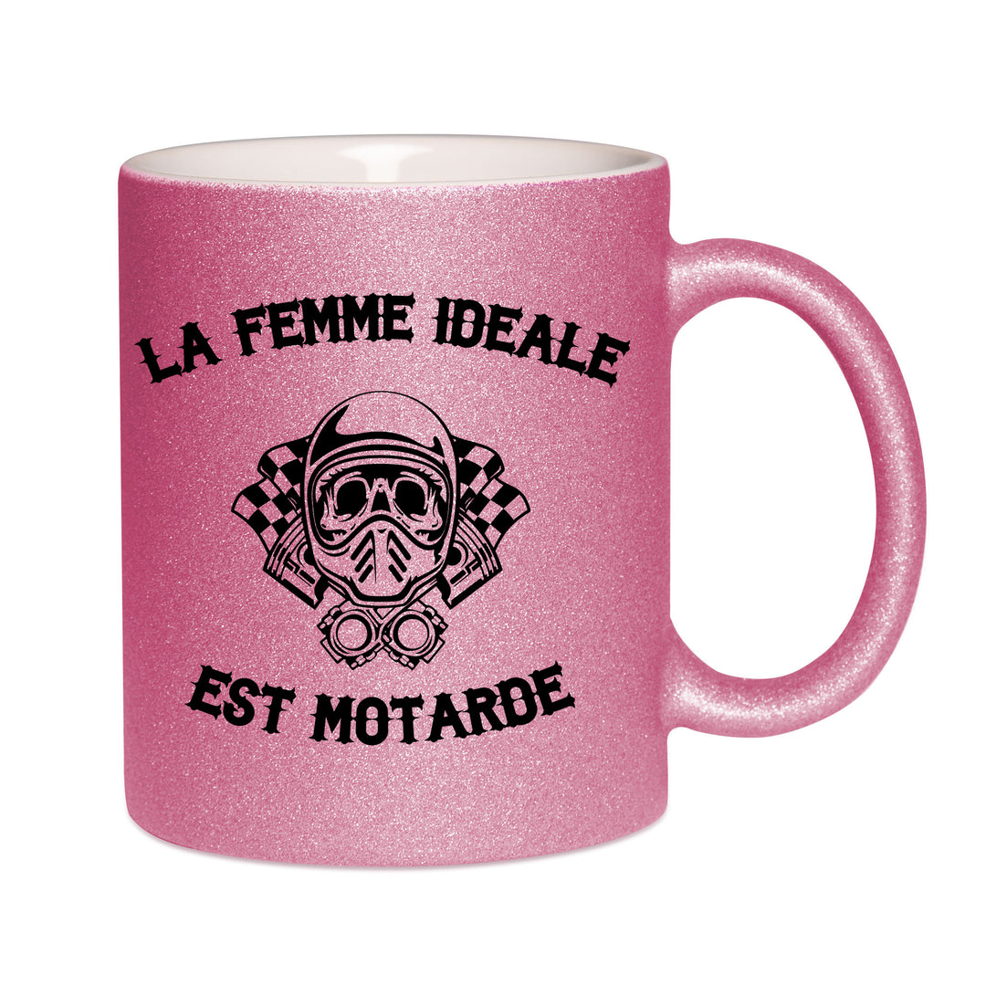 Mug paillettes rose personnalisé La femme idéale est motarde
