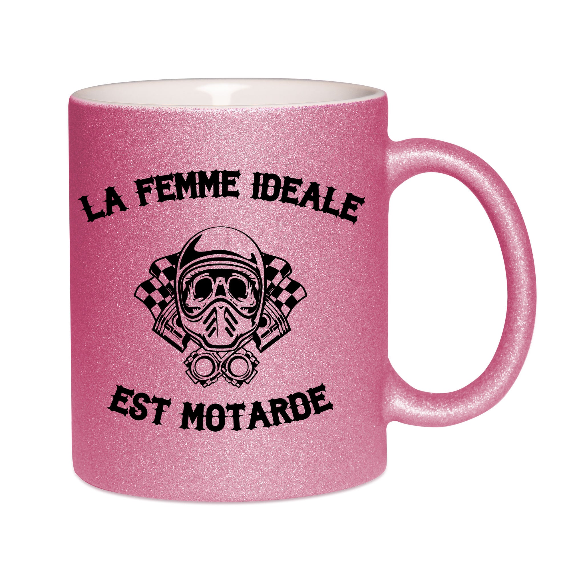 Mug paillettes rose personnalisé La femme idéale est motarde
