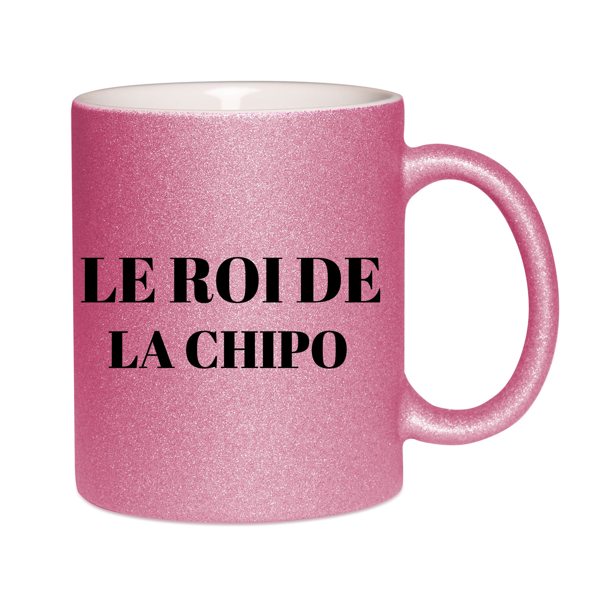 Mug paillettes rose personnalisé Le roi de la chipo