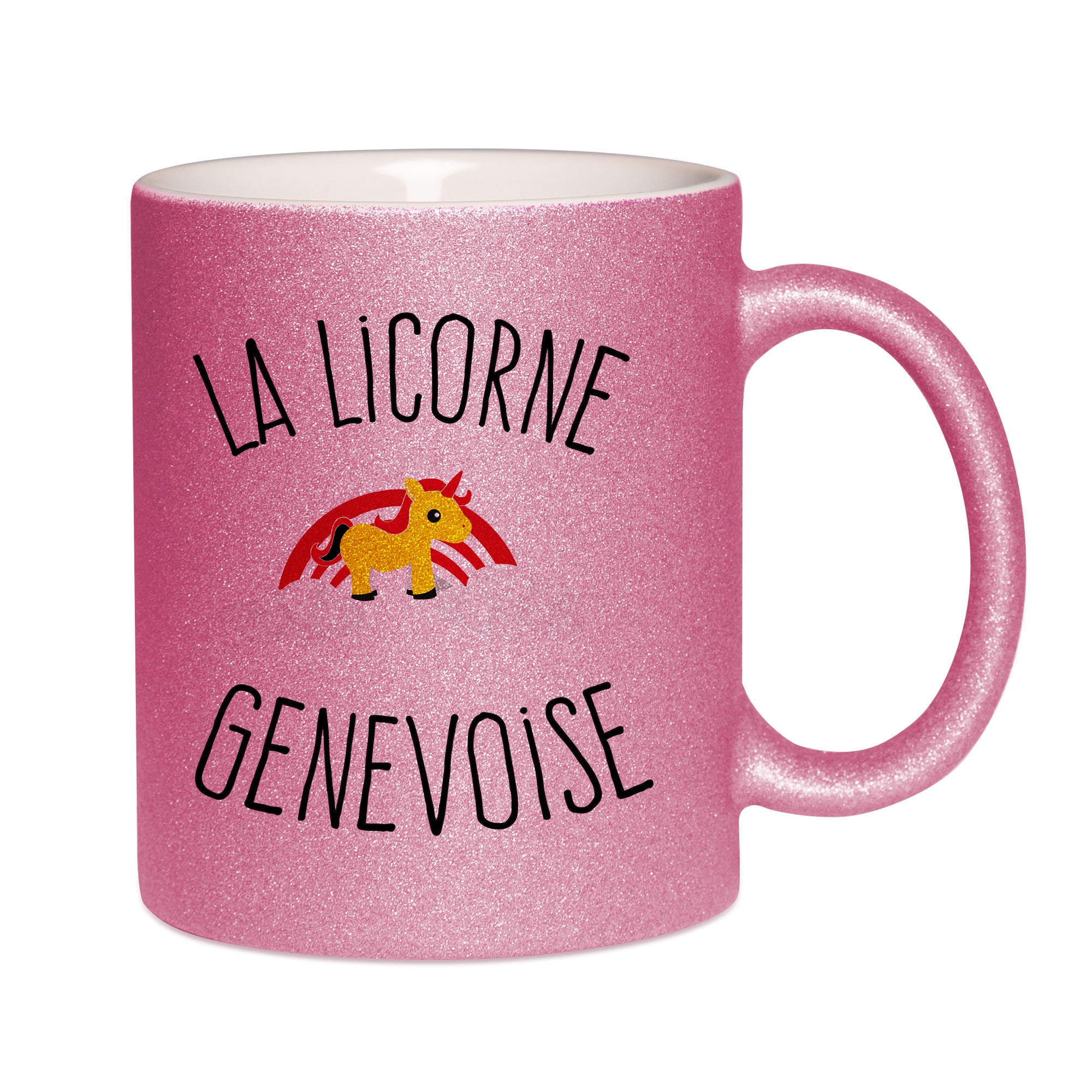 Mug paillettes rose personnalisé Licorne genevoise