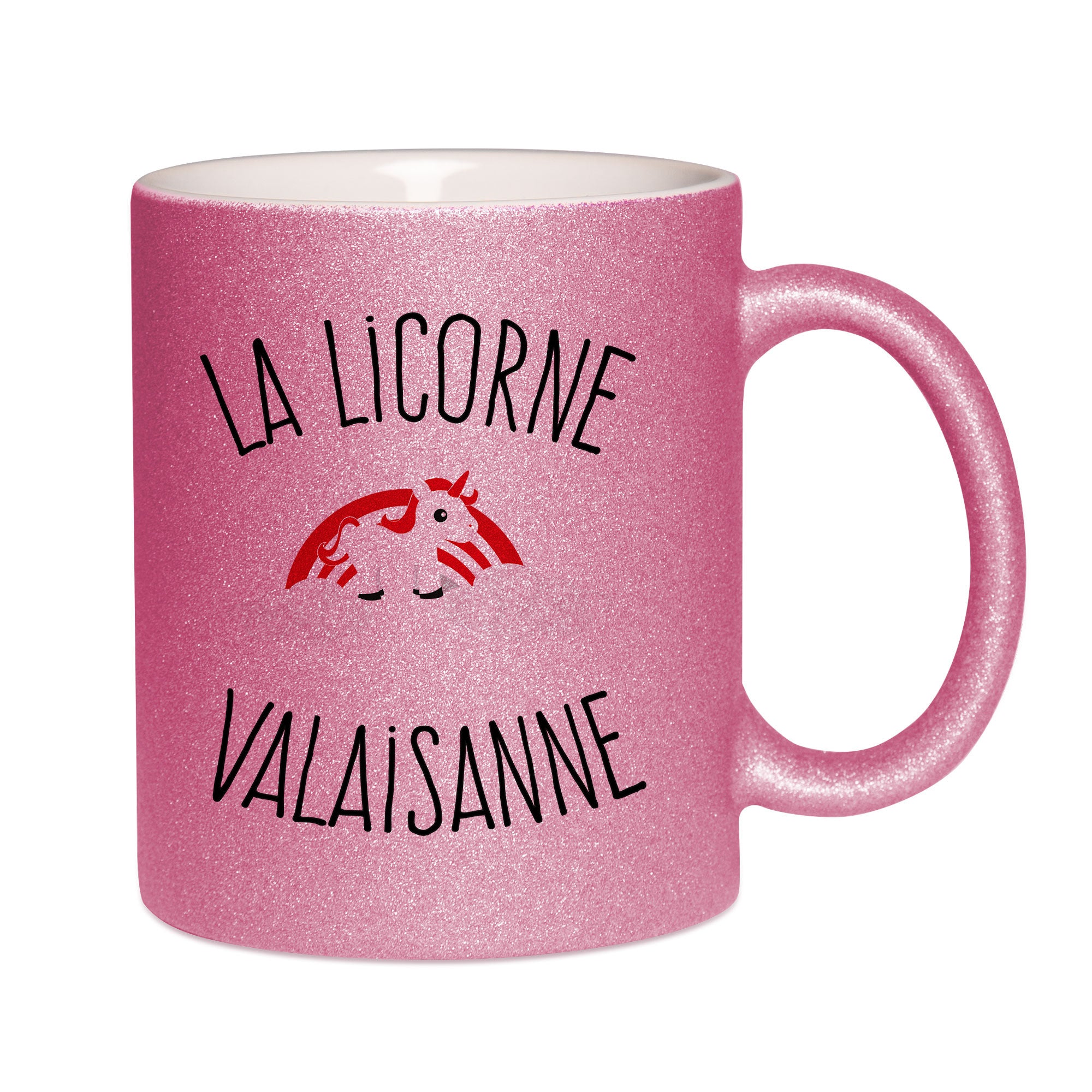 Mug paillettes rose personnalisé Licorne valaisanne
