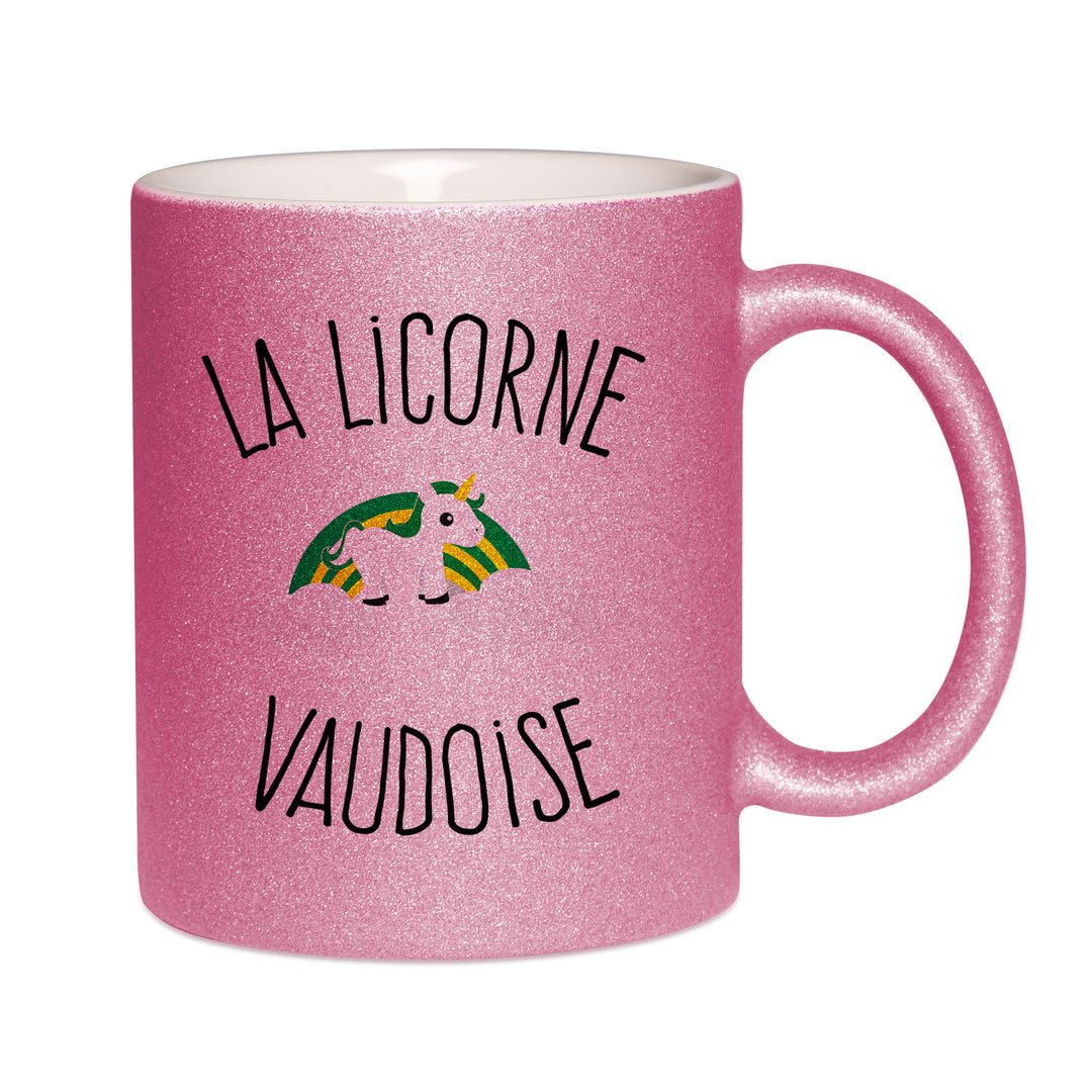 Mug paillettes rose personnalisé Licorne vaudoise