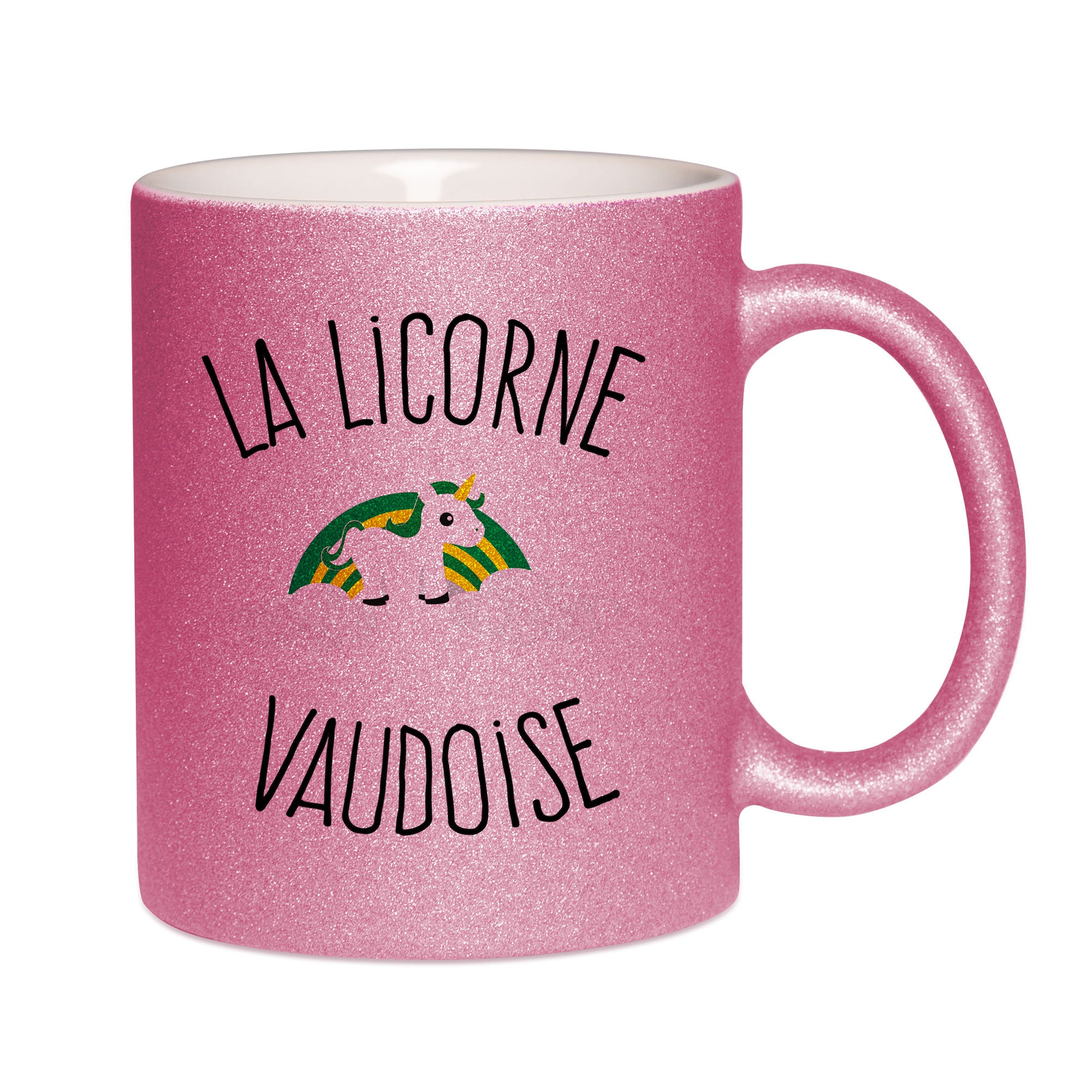 Mug paillettes rose personnalisé Licorne vaudoise