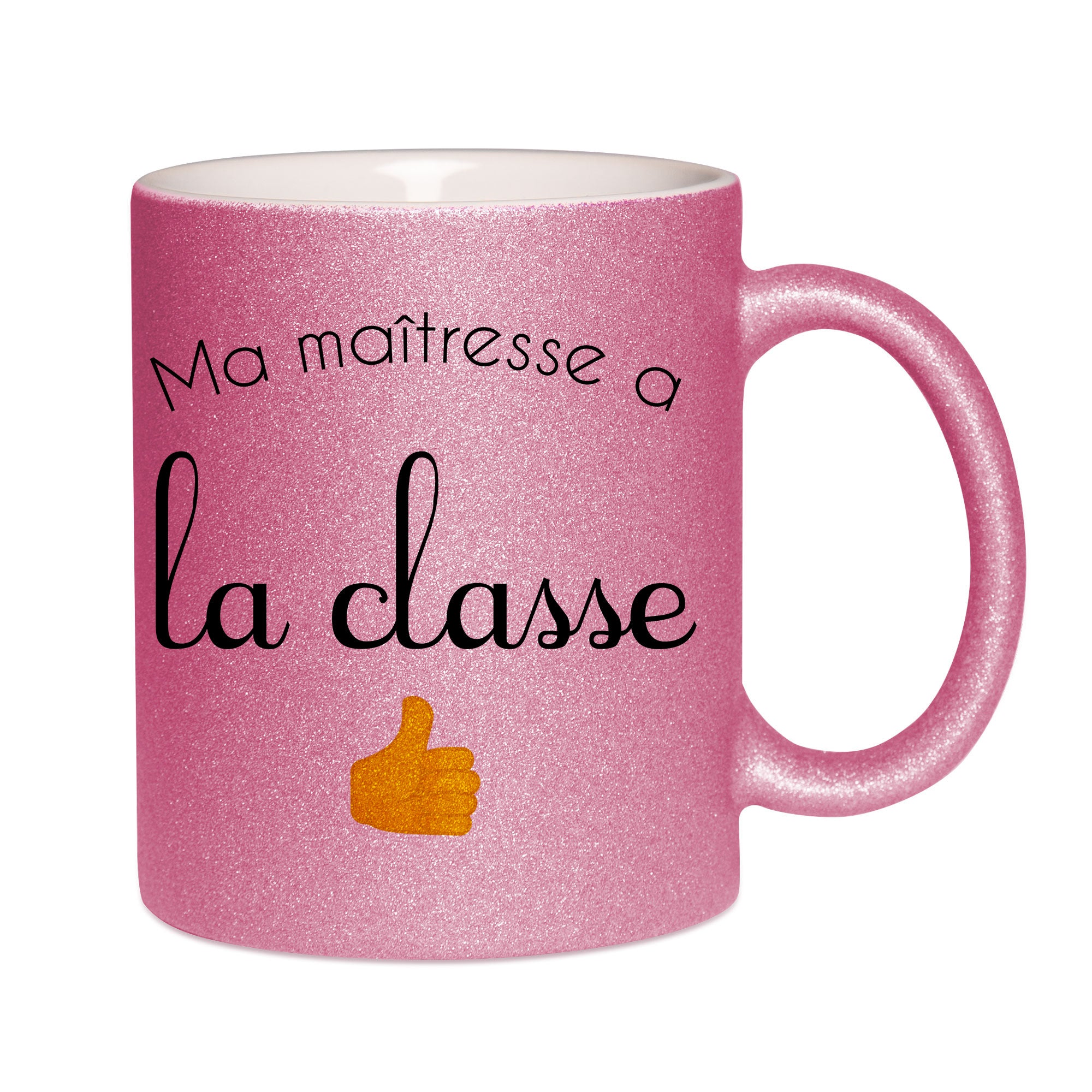 Mug paillettes rose personnalisé Ma maitresse a la classe