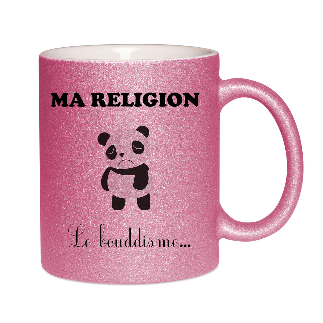 Mug paillettes rose personnalisé Ma religion la boudisme