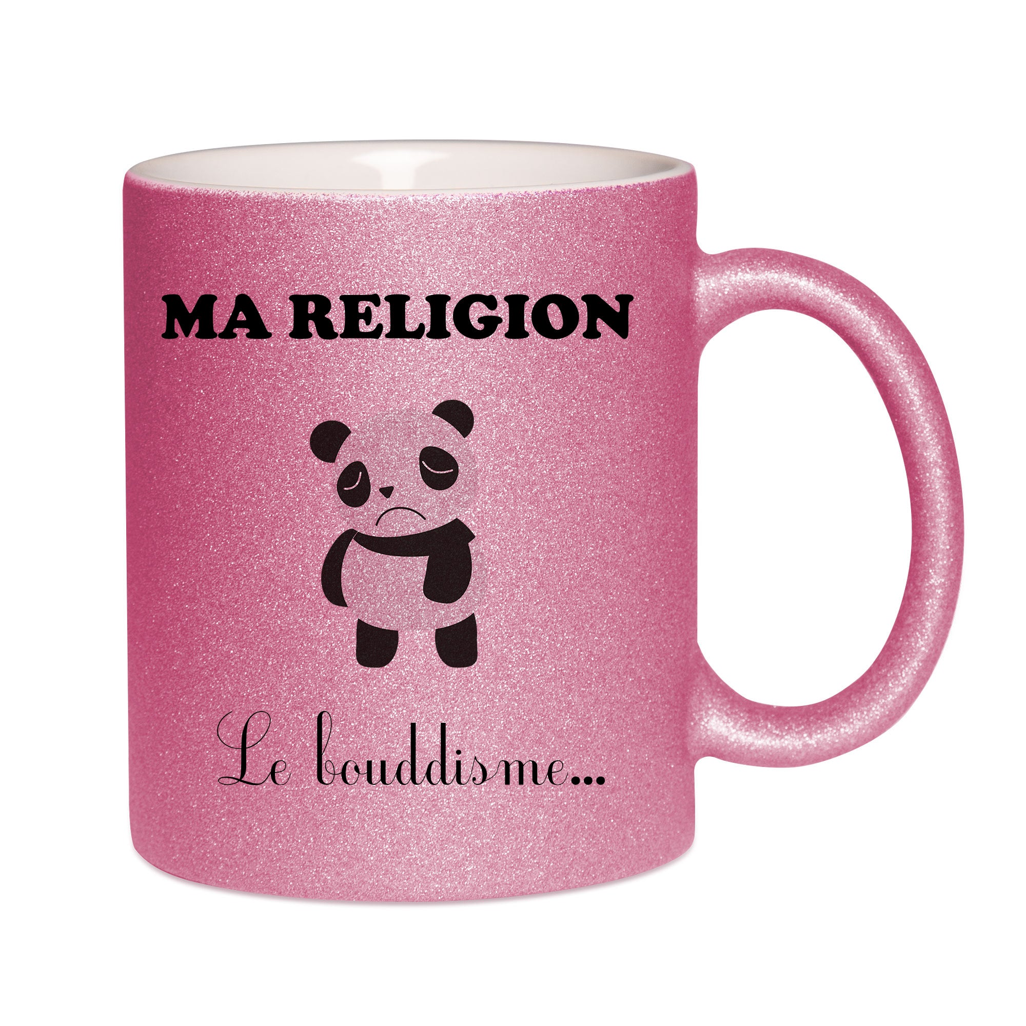 Mug paillettes rose personnalisé Ma religion la boudisme