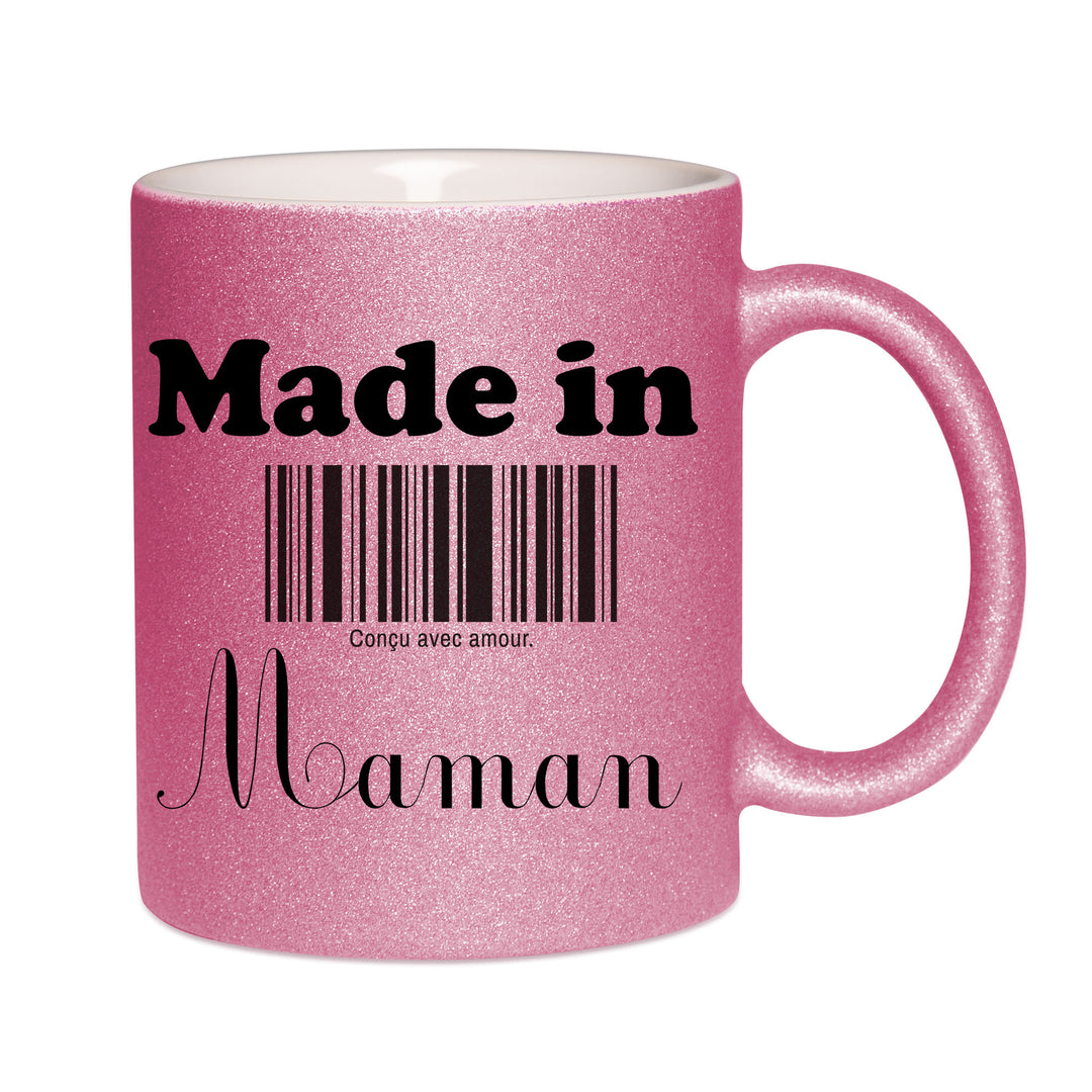 Mug paillettes rose personnalisé Made in Maman
