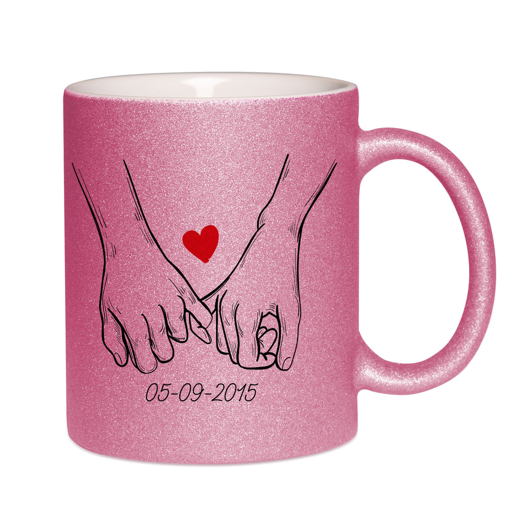 Mug paillettes rose personnalisé Mains d'amoureux date à personnaliser