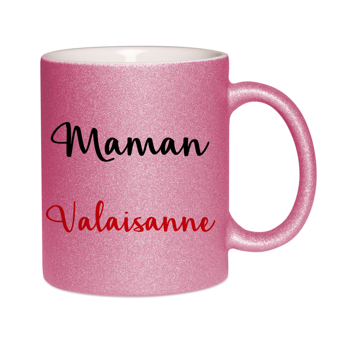 Mug paillettes rose personnalisé Maman Valaisanne
