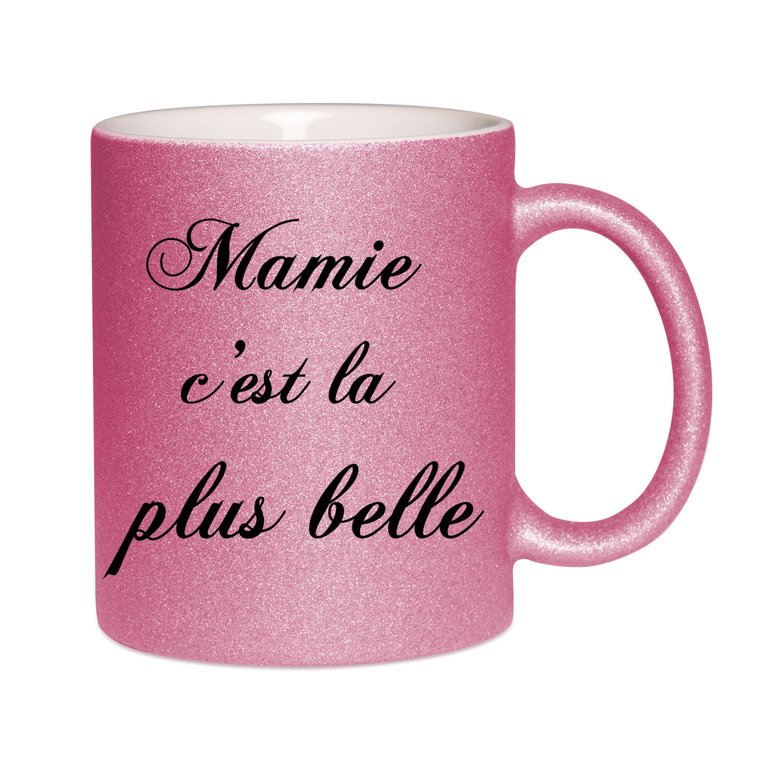 Mug paillettes rose personnalisé Mamie c'est la plus belle