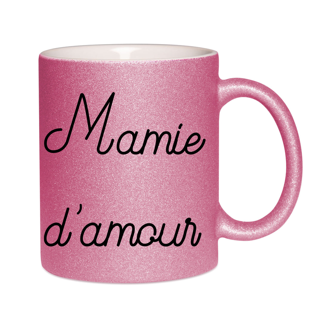 Mug paillettes rose personnalisé Mamie d'amour