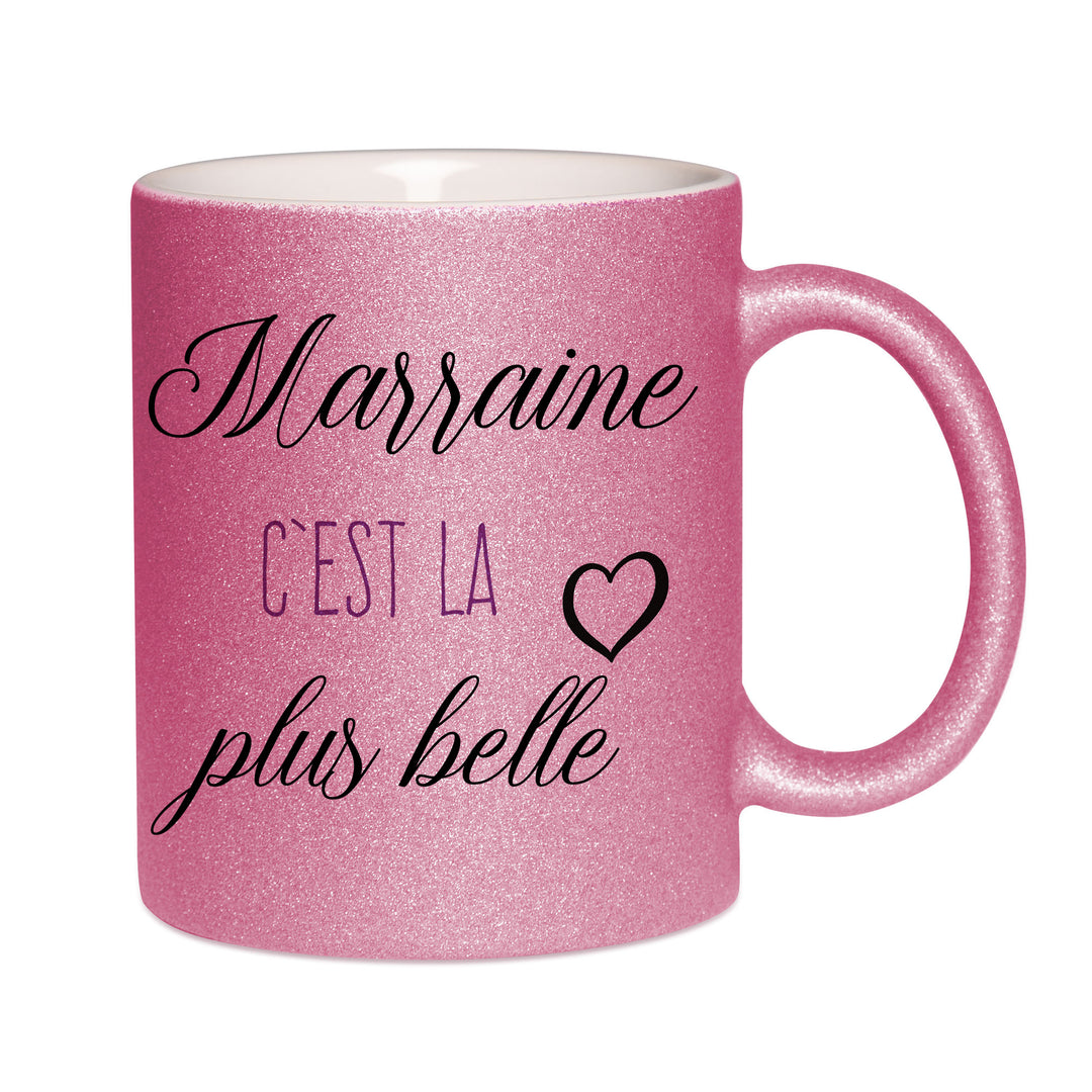 Mug paillettes rose personnalisé Marraine c'est la plus belle V2