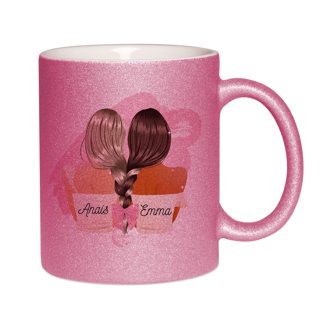 Mug paillettes rose personnalisé Meilleures amies enlacées