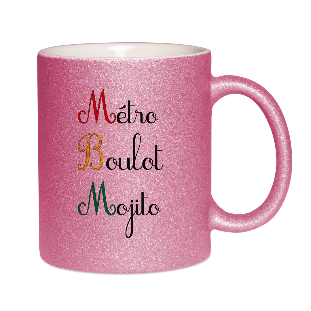 Mug paillettes rose personnalisé Metro boulot mojito