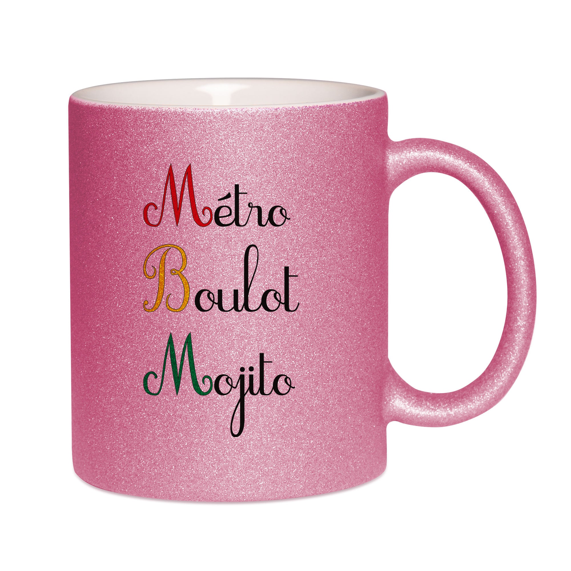 Mug paillettes rose personnalisé Metro boulot mojito