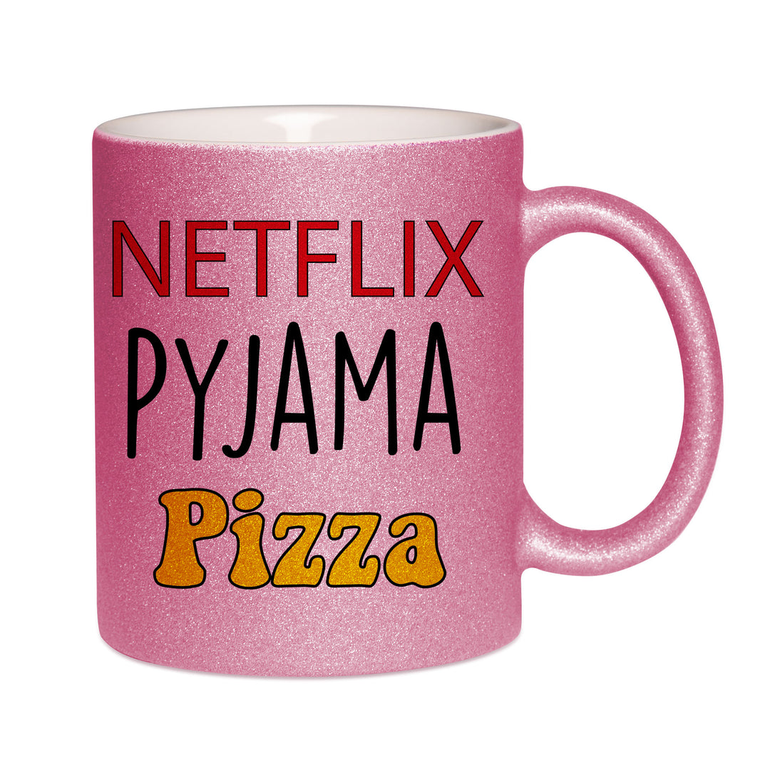 Mug paillettes rose personnalisé Netflix Pyjama Pizza