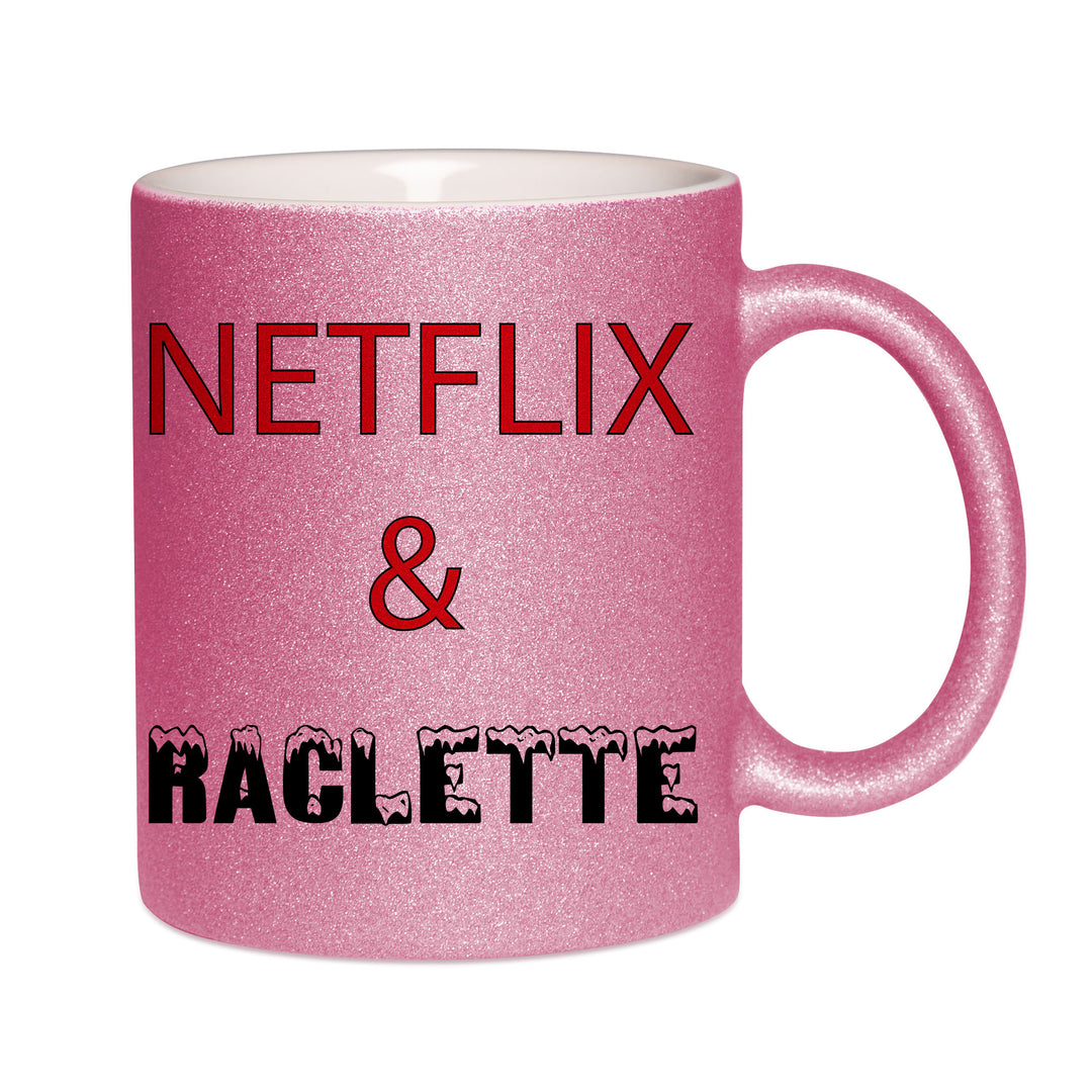 Mug paillettes rose personnalisé Netflix and Raclette