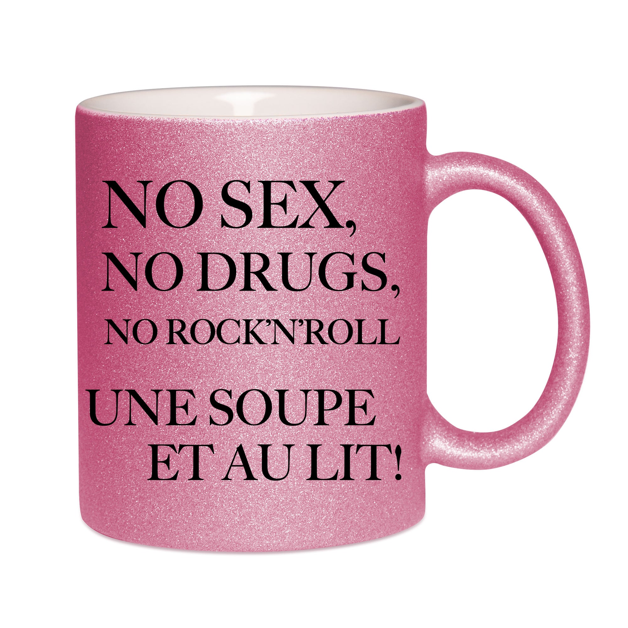 Mug paillettes rose personnalisé No sex no drugs