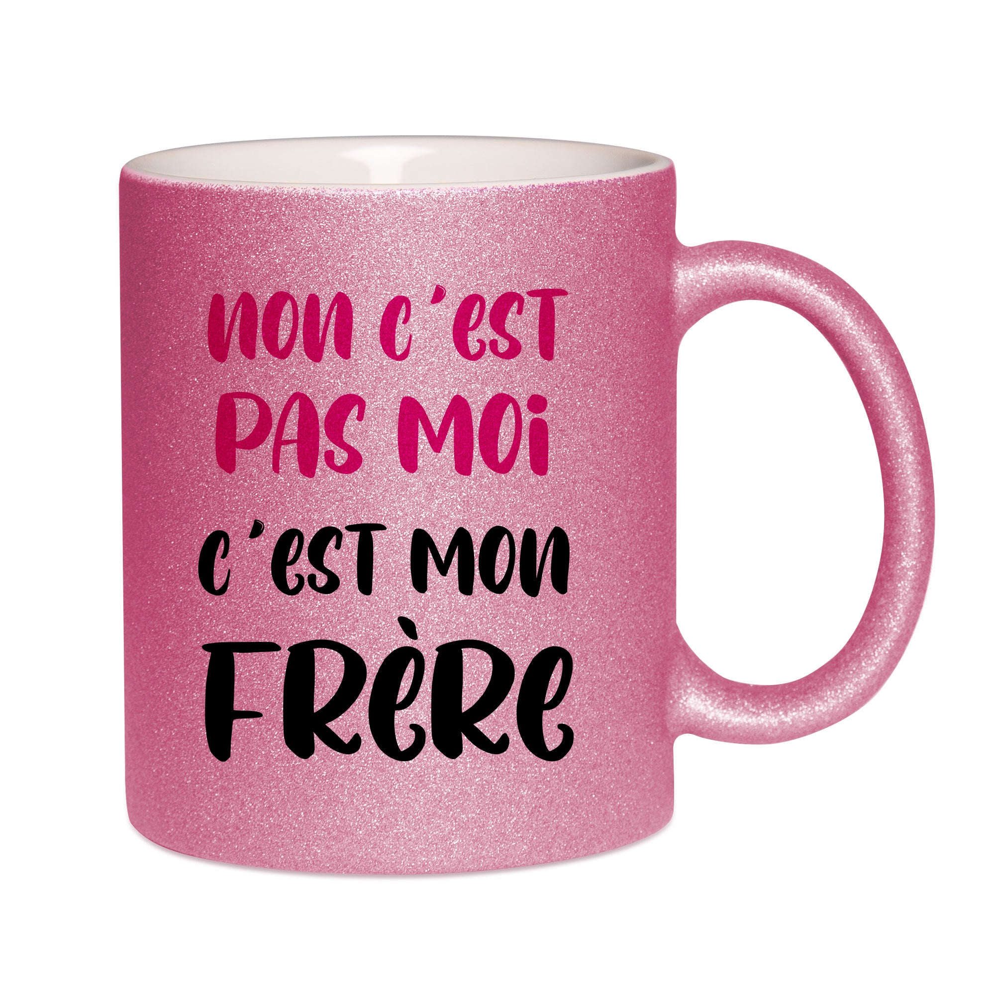 Mug paillettes rose personnalisé Non c'est pas moi c'est mon frère