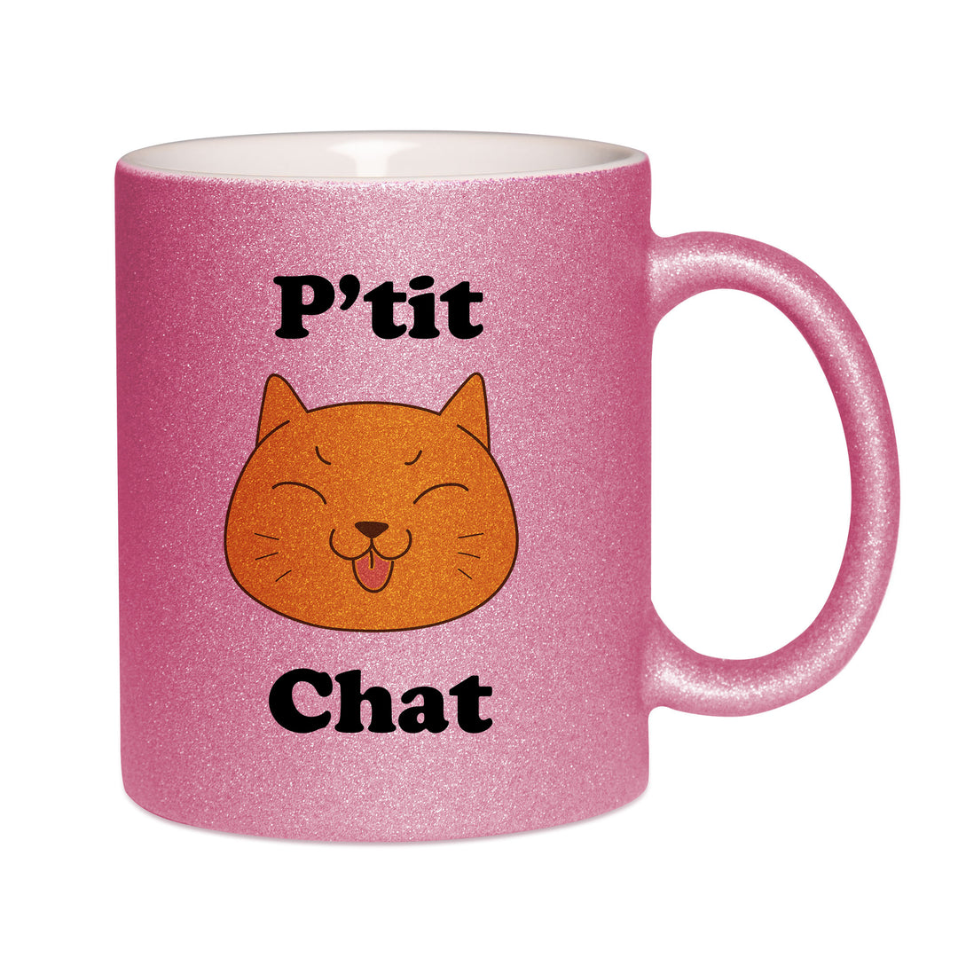Mug paillettes rose personnalisé P'tit chat