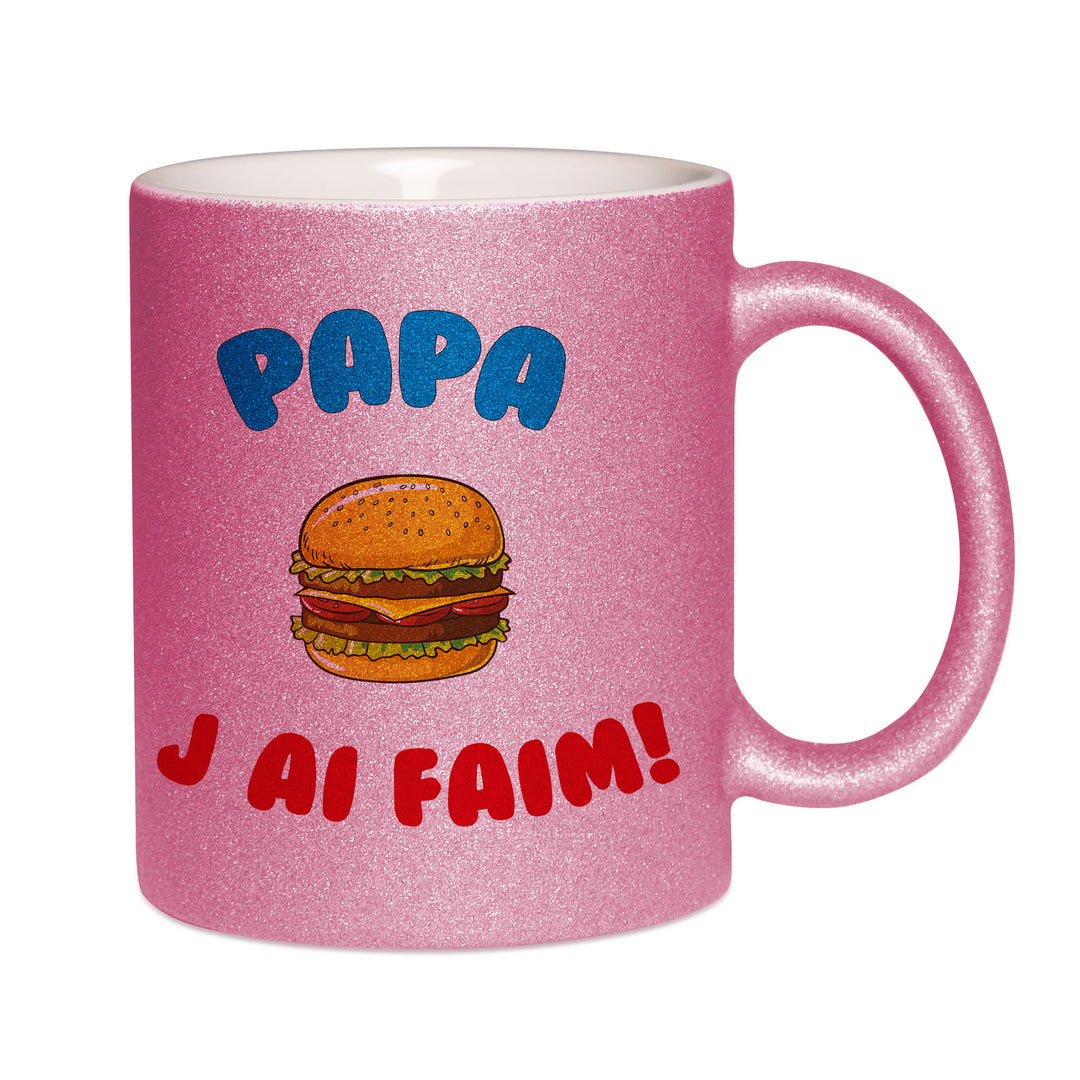 Mug paillettes rose personnalisé Papa j'ai faim