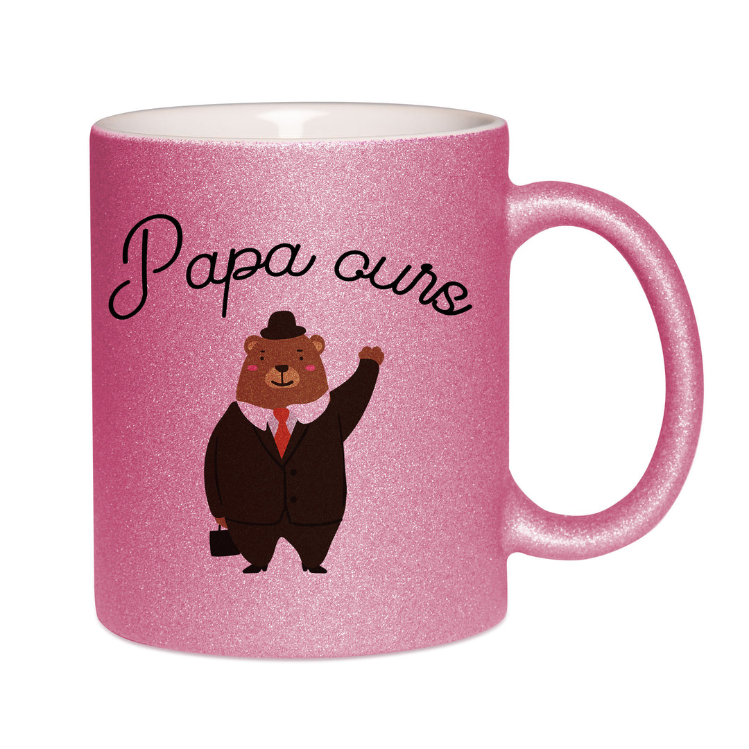 Mug paillettes rose personnalisé Papa ours