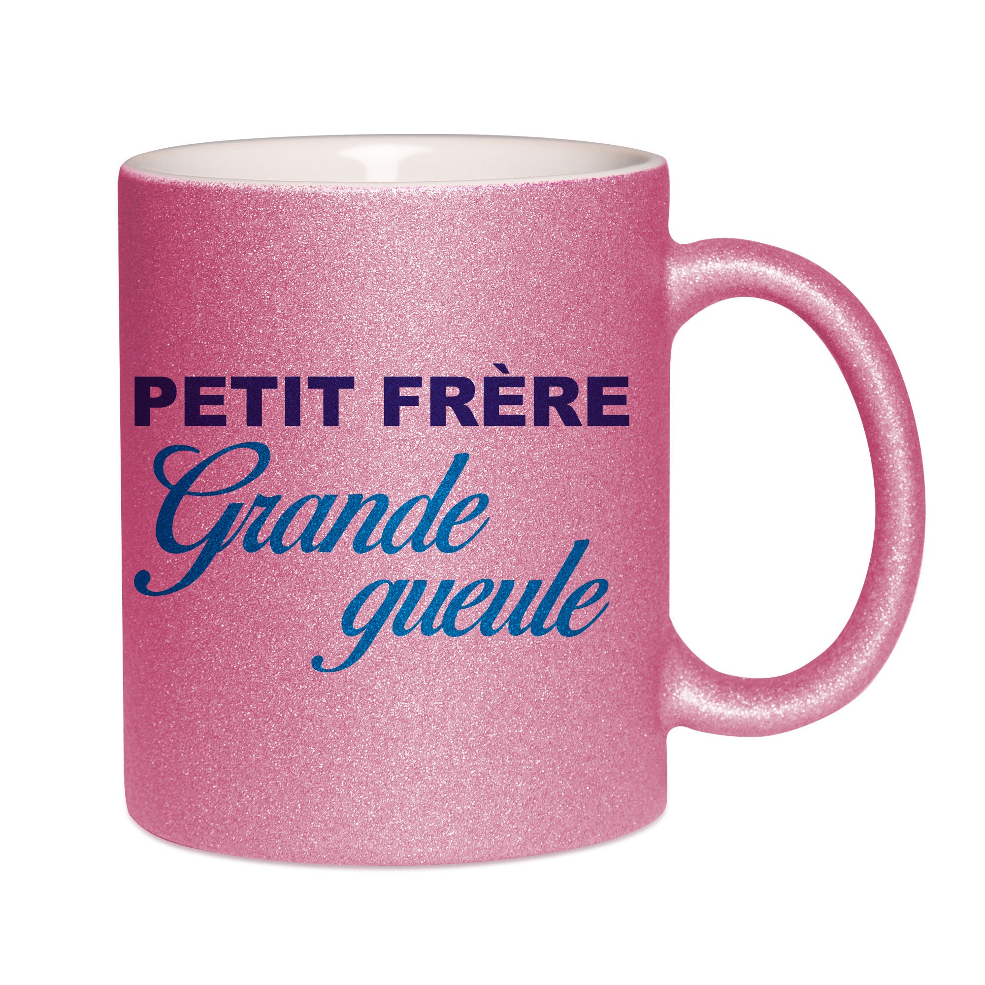 Mug paillettes rose personnalisé Petit frere grande gueule