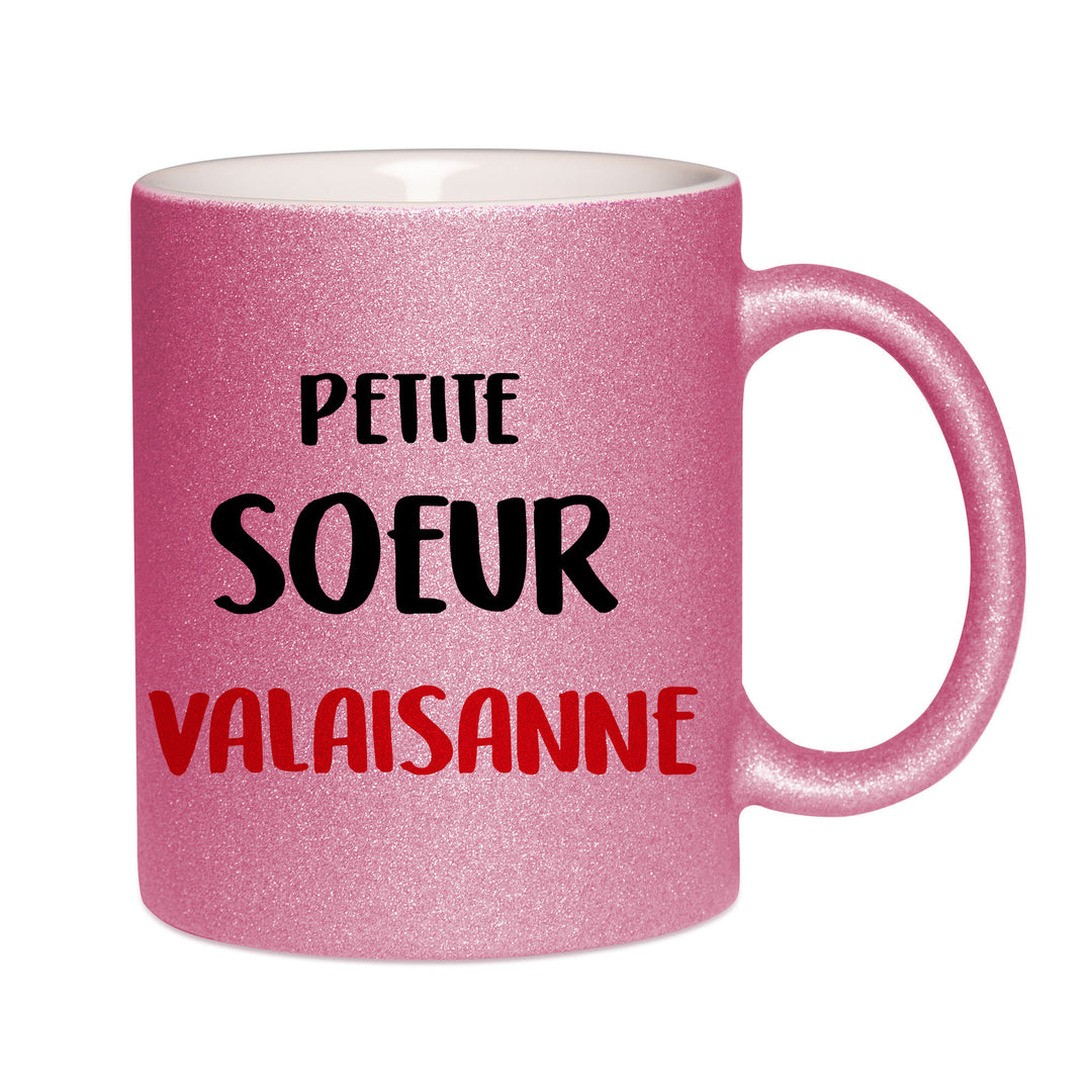Mug paillettes rose personnalisé Petite soeur Valaisanne