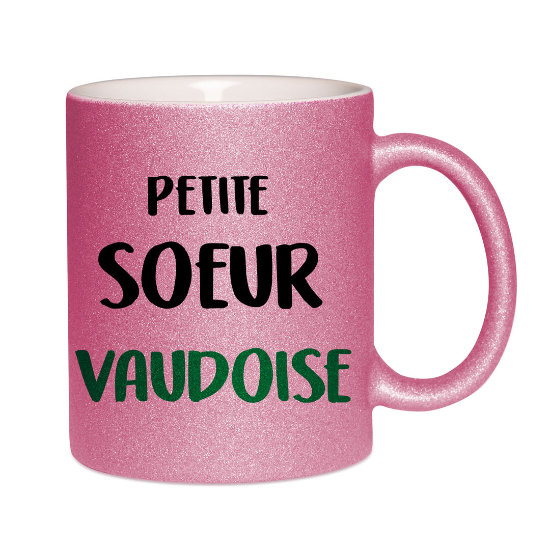 Mug paillettes rose personnalisé Petite soeur Vaudoise