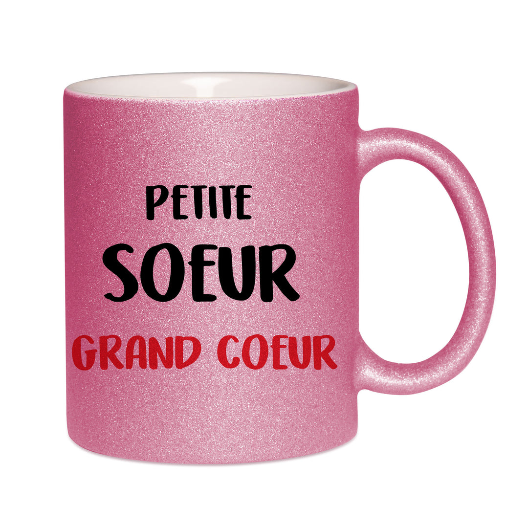 Mug paillettes rose personnalisé Petite soeur grand coeur
