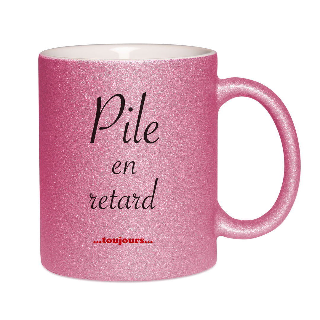 Mug paillettes rose personnalisé Pile en retard