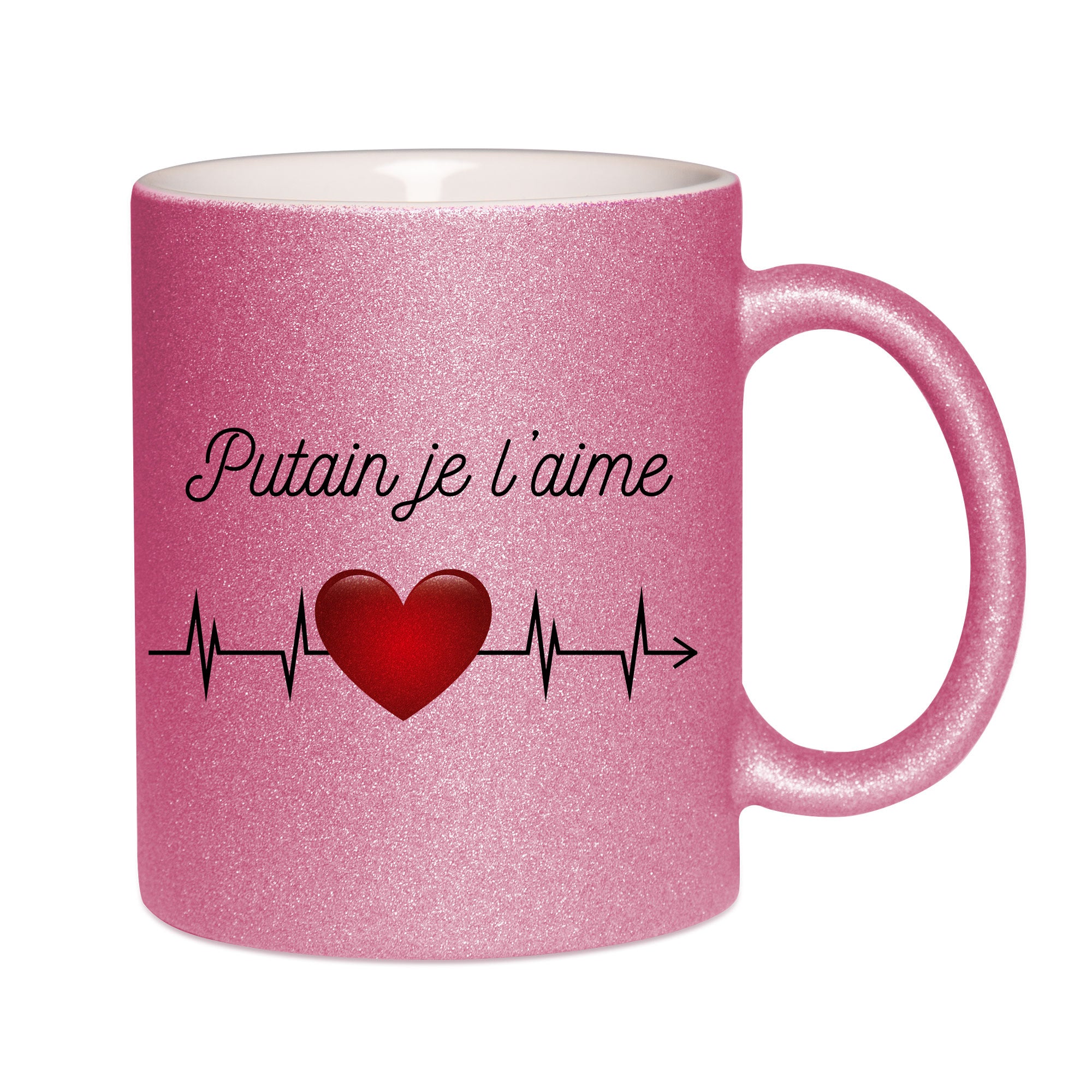 Mug paillettes rose personnalisé Putain je l'aime