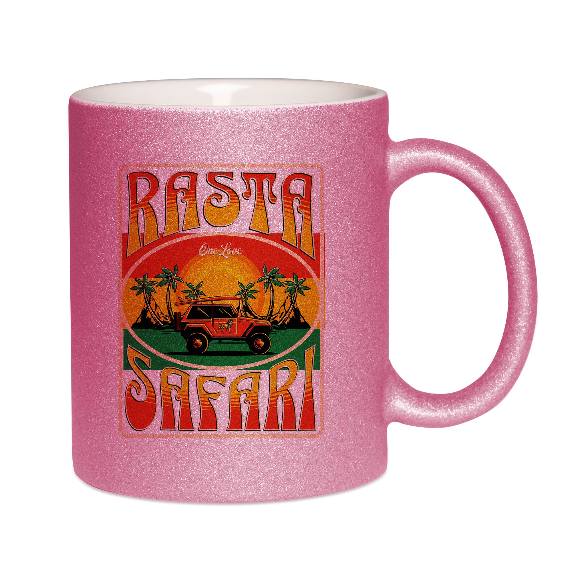 Mug paillettes rose personnalisé Rasta safari