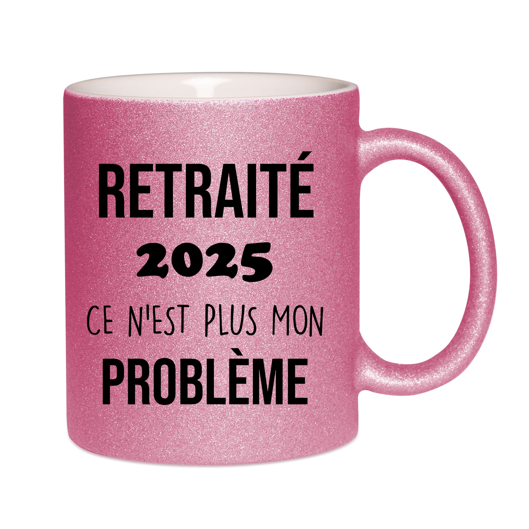 Mug paillettes rose personnalisé Retraité 2025, c'est plus mon problème