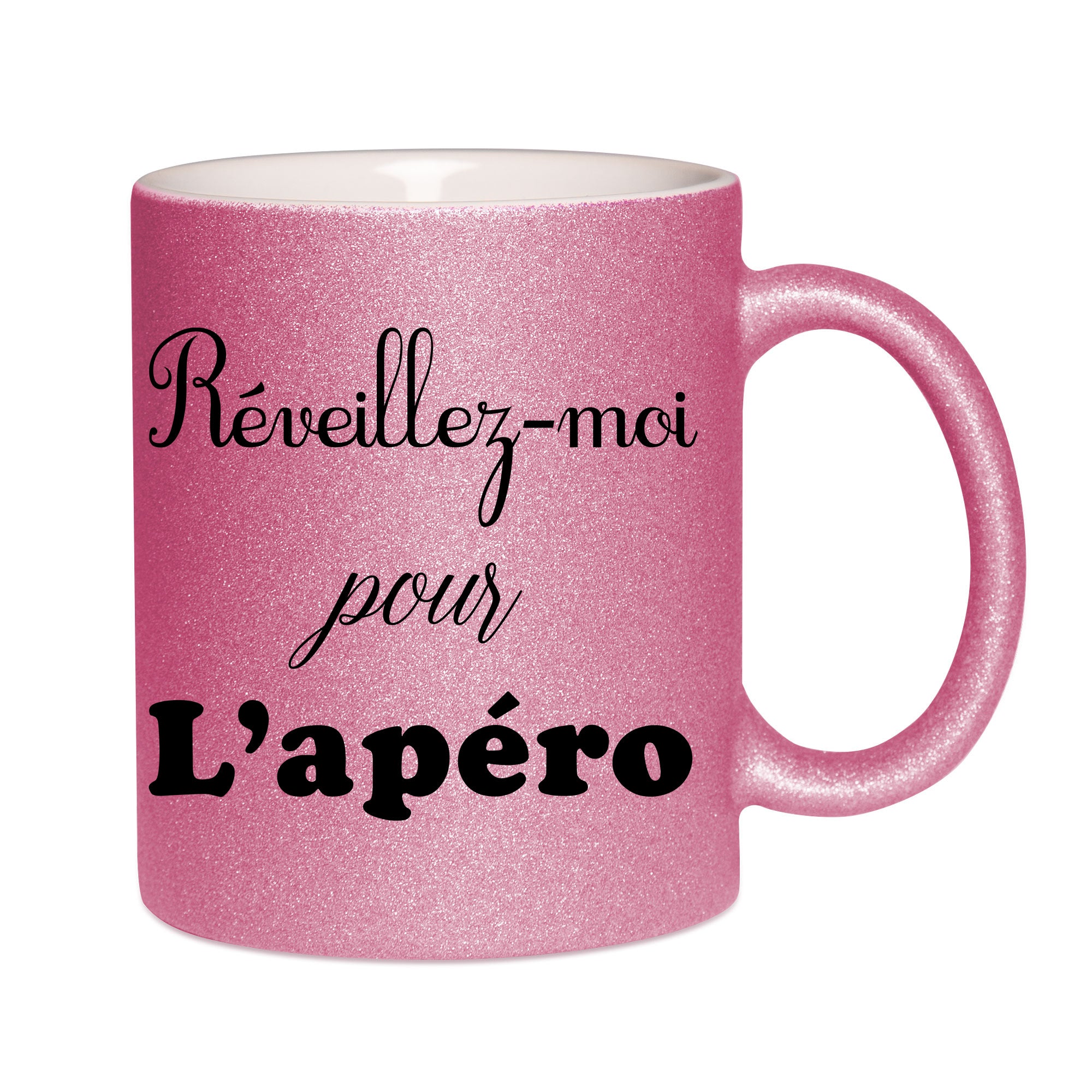 Mug paillettes rose personnalisé Reveillez-moi pour l'apéro