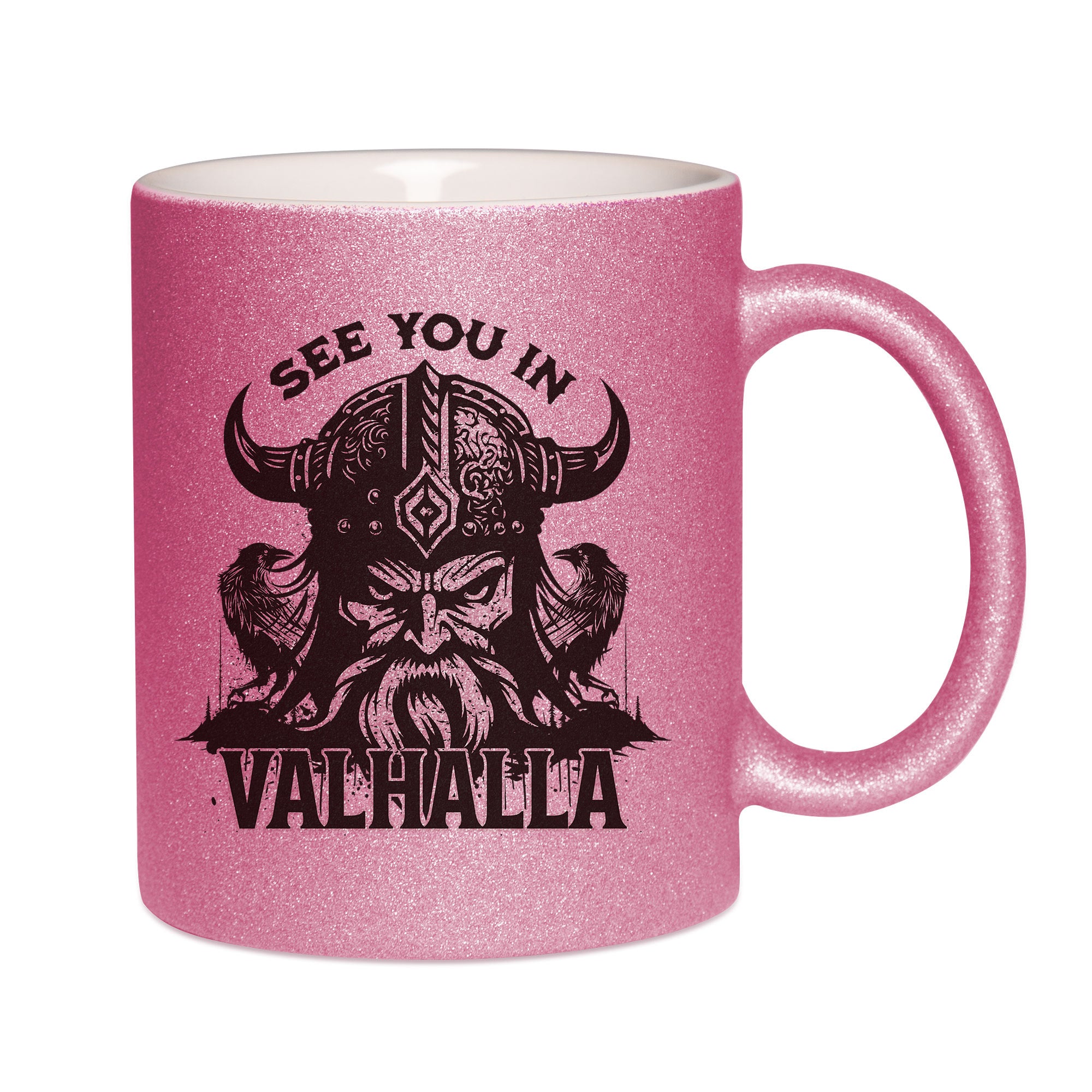 Mug paillettes rose personnalisé See you in Valhalla