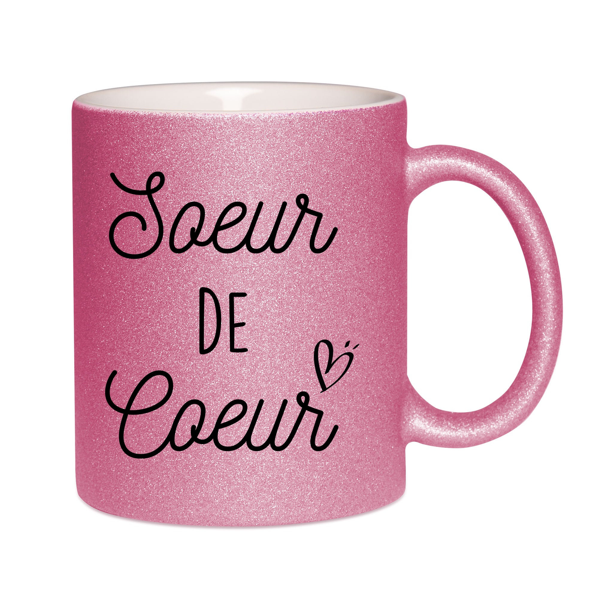 Mug paillettes rose personnalisé Soeur de coeur