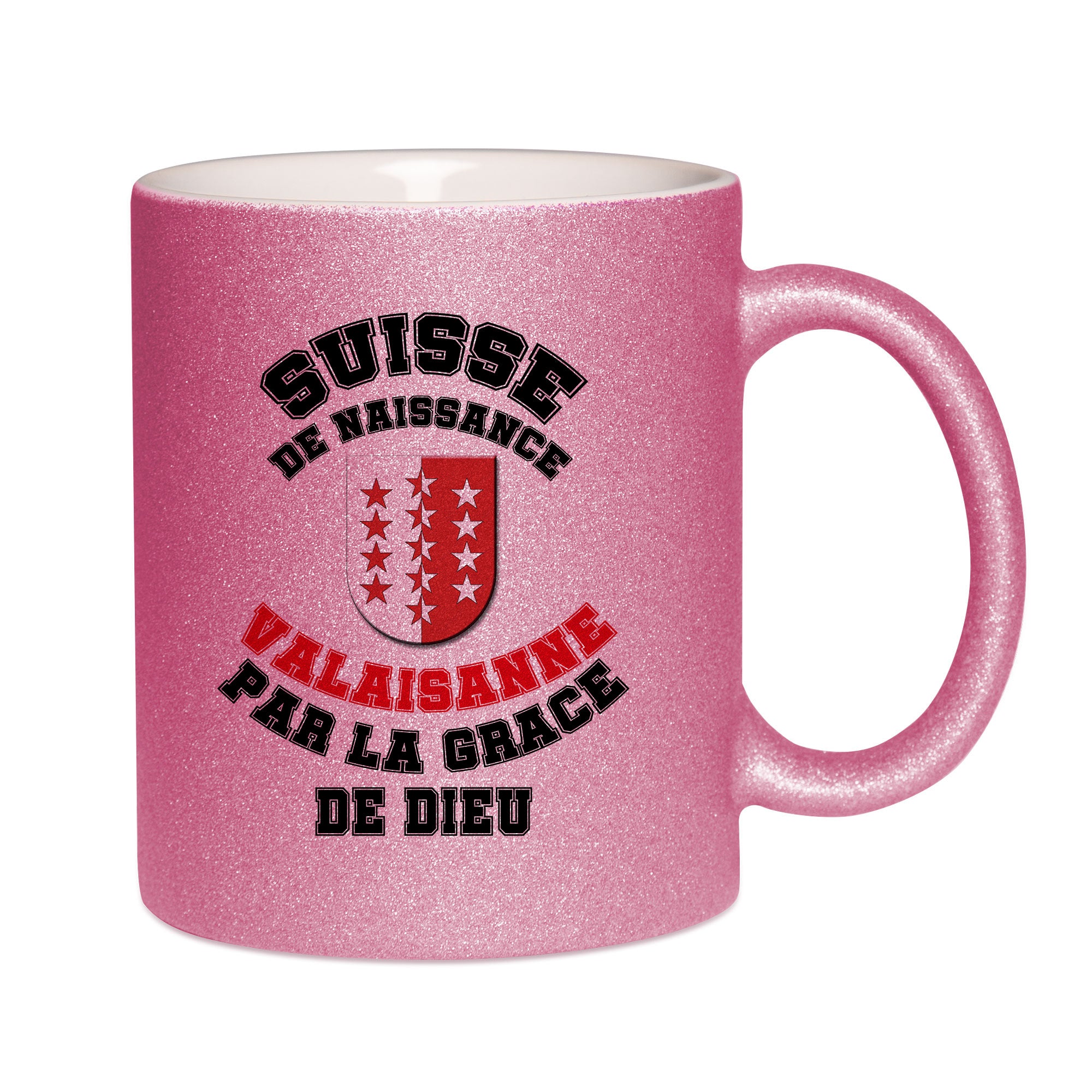 Mug paillettes rose personnalisé Suisse de naissance Valaisanne par la grace de Dieu