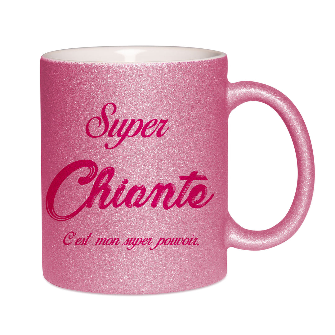 Mug paillettes rose personnalisé Super Chiante c'est mon super pouvoir
