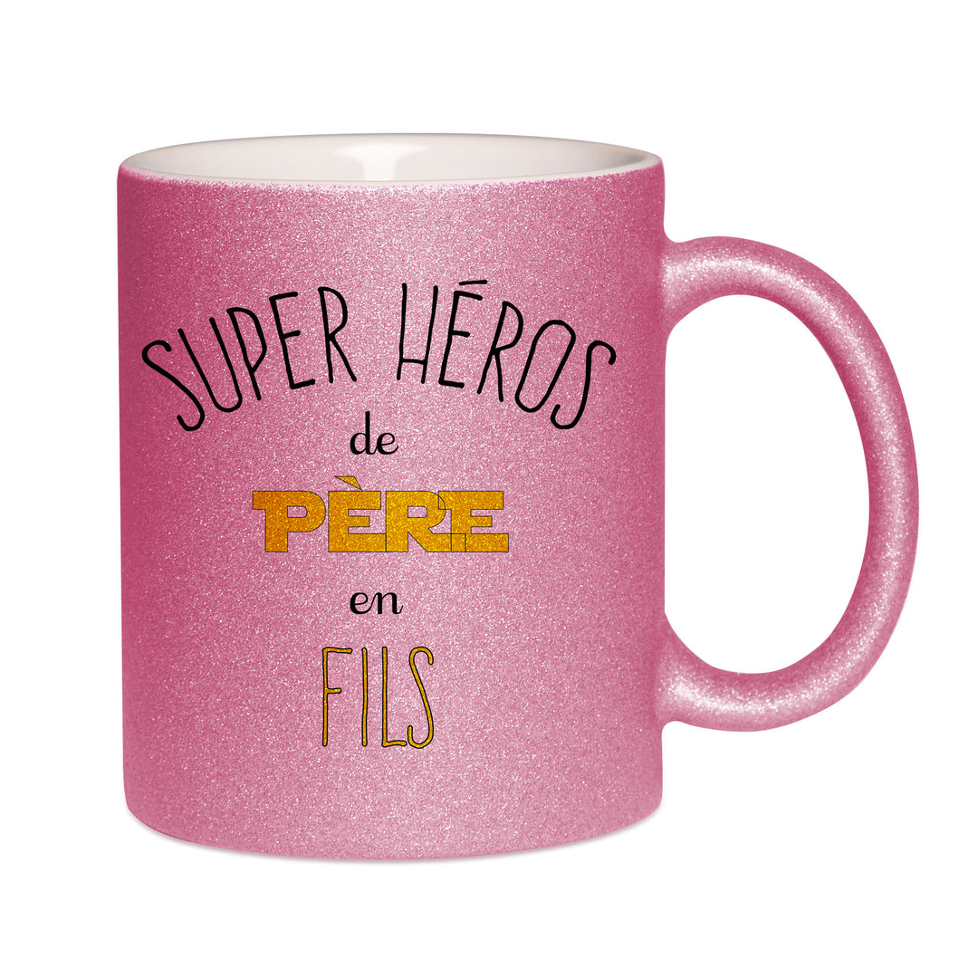 Mug paillettes rose personnalisé Super heros de pere en fils