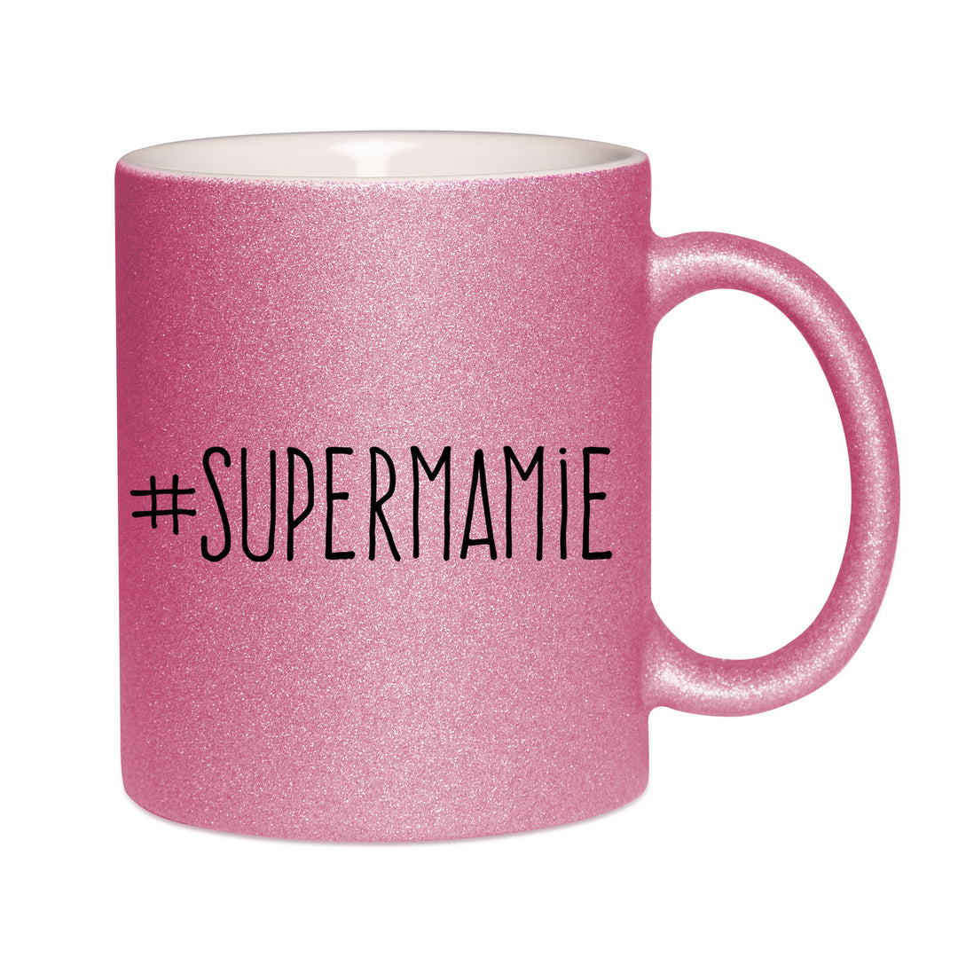 Mug paillettes rose personnalisé Supermamie
