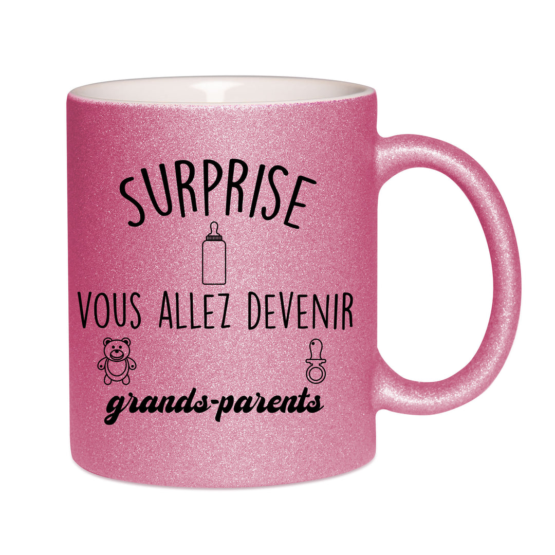 Mug paillettes rose personnalisé Surprise vous allez devenir grands parents