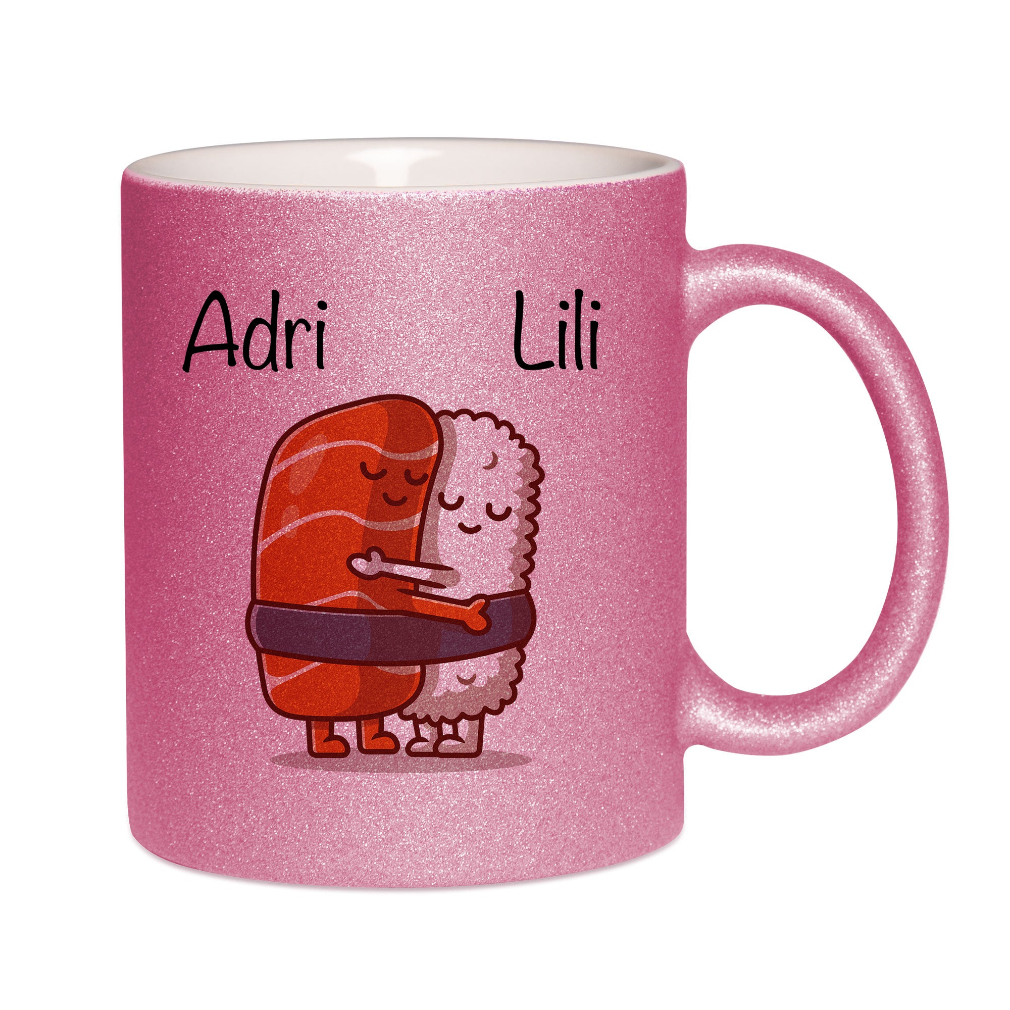 Mug paillettes rose personnalisé Sushi couple