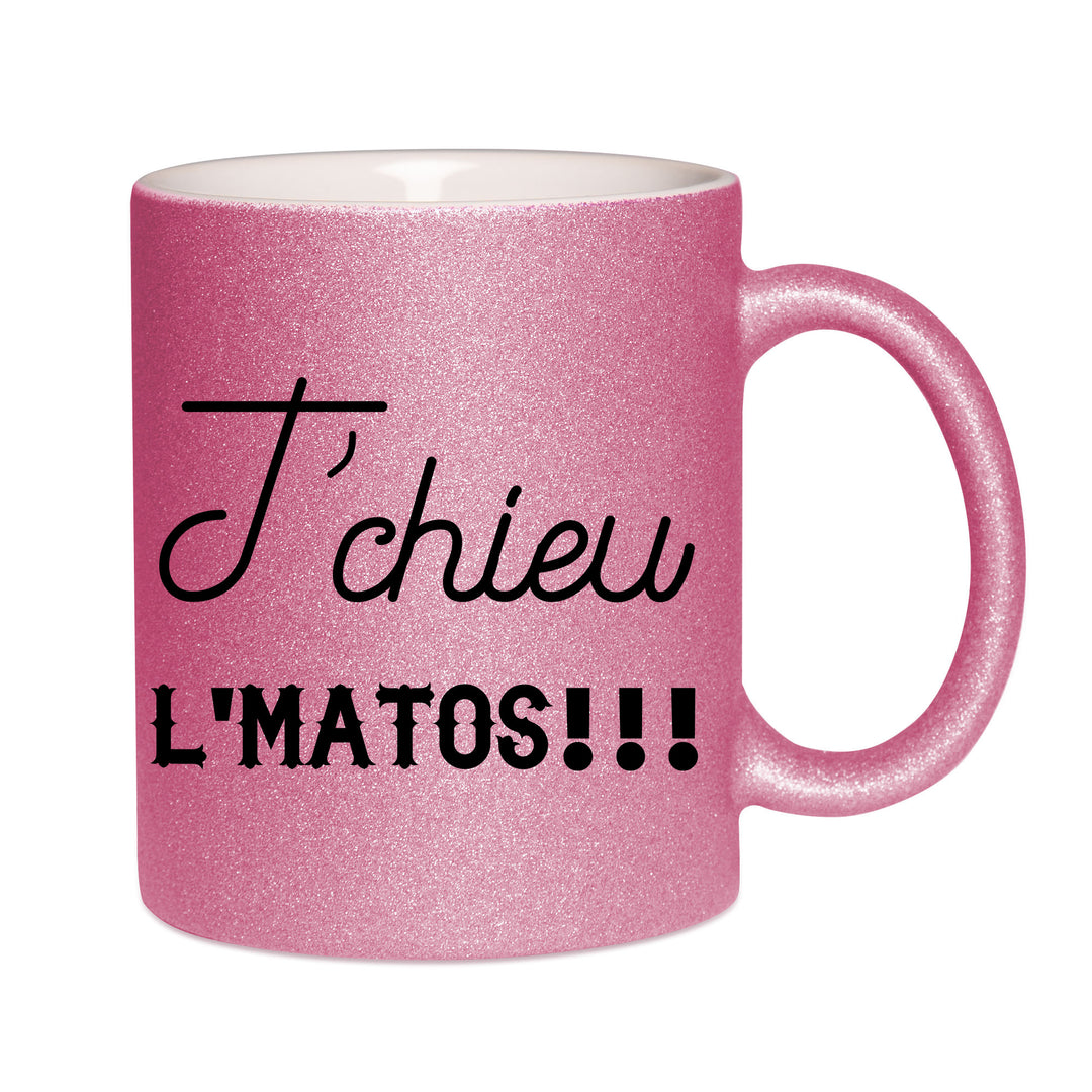 Mug paillettes rose personnalisé T'chieu l'matos