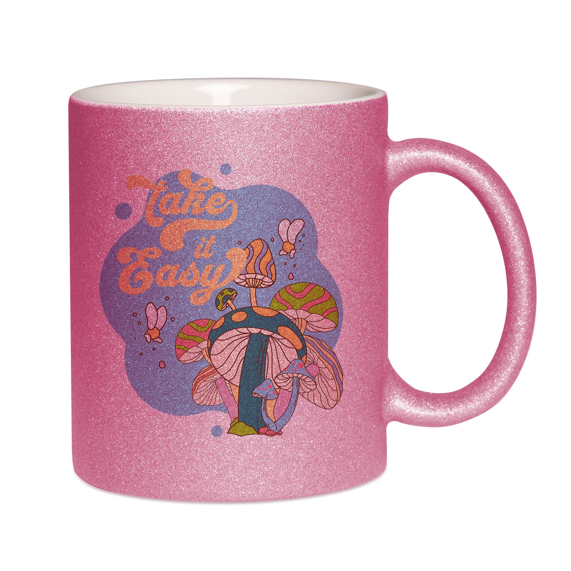 Mug paillettes rose personnalisé Take it easy V2