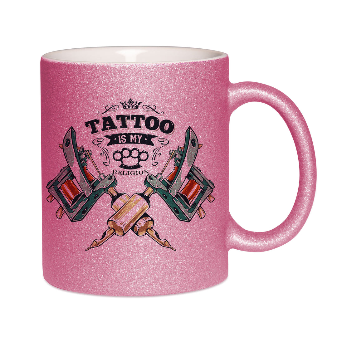 Mug paillettes rose personnalisé Tattoo is my religion