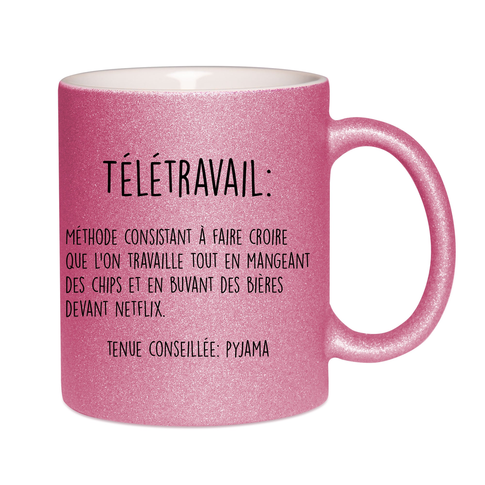Mug paillettes rose personnalisé Télétravail
